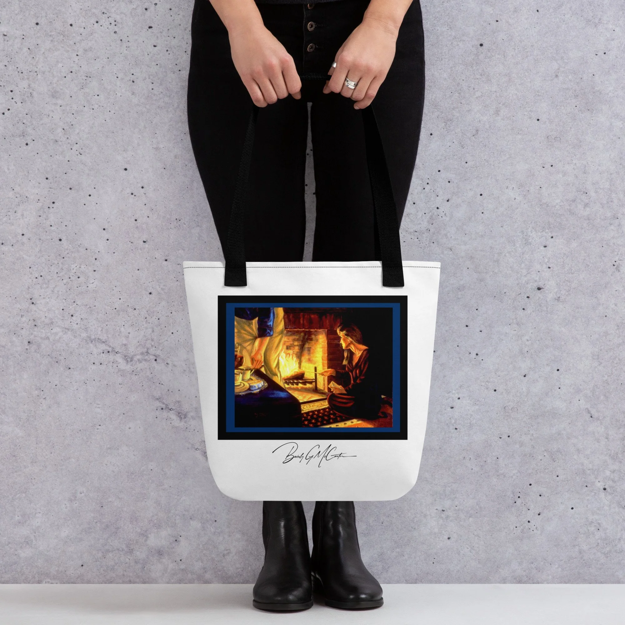 Polyester tote bag with The Letters oil print by Beverly G. McCarter, intimate ritual of release in firelight.