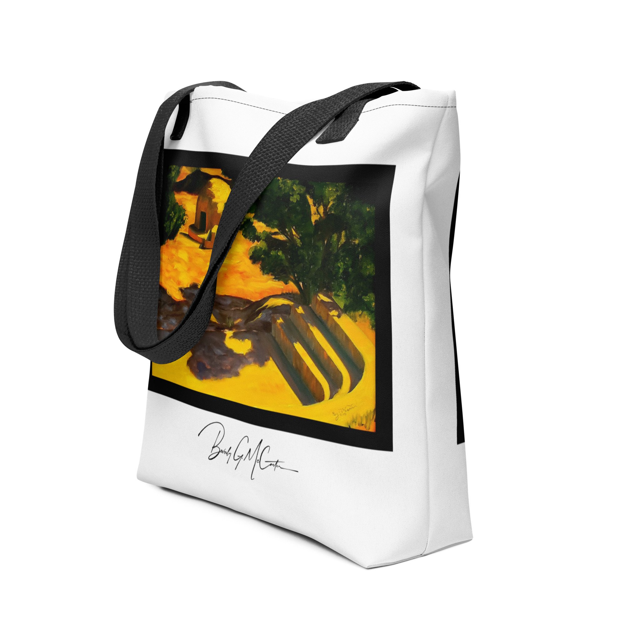 Polyester tote bag with Mergence of Time oil print by Beverly G. McCarter, horno and steps in golden light.