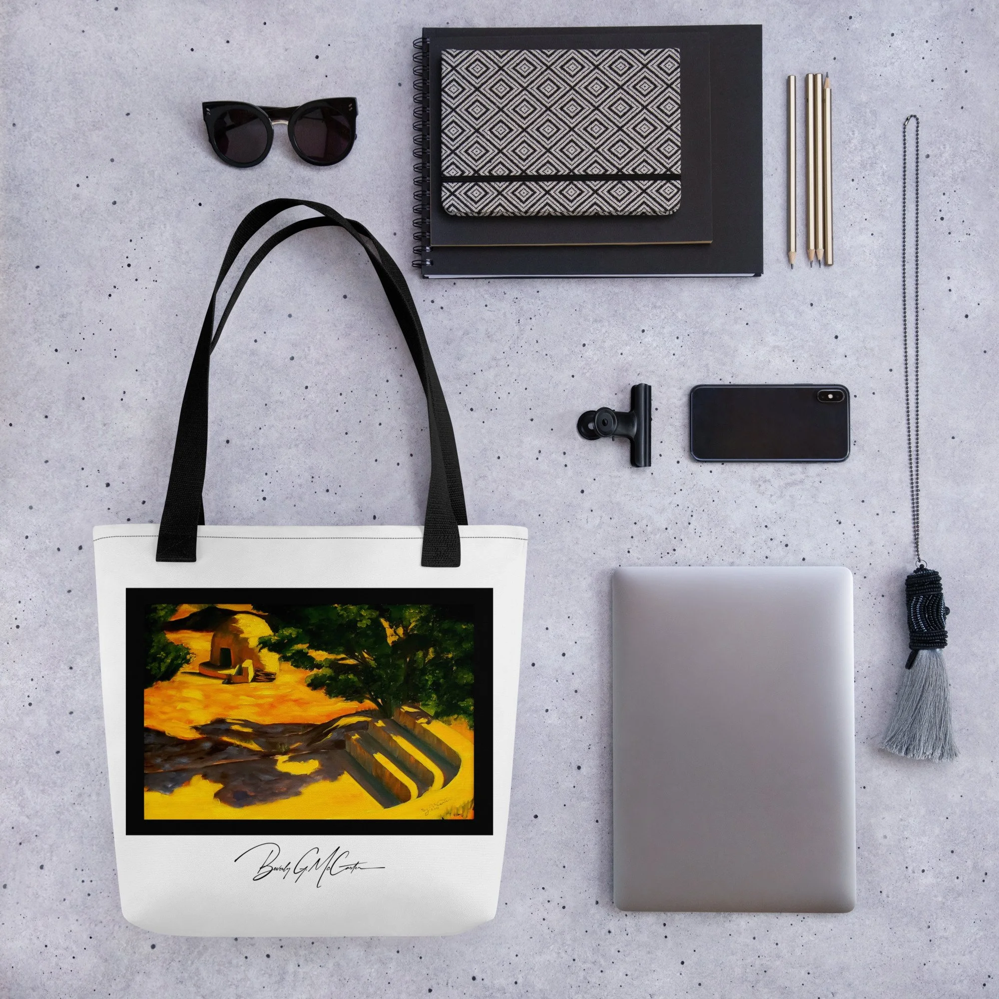 Polyester tote bag with Mergence of Time oil print by Beverly G. McCarter, horno and steps in golden light.