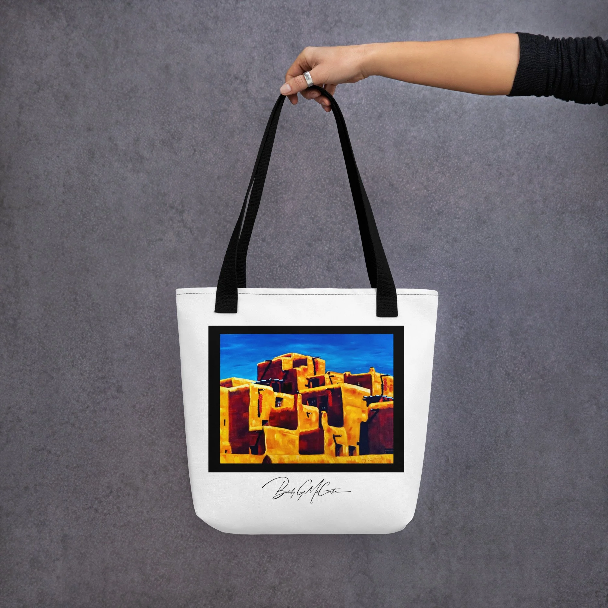 Polyester tote bag with The Peppers oil painting print by Beverly G. McCarter —an enduring celebration of culture and belonging.