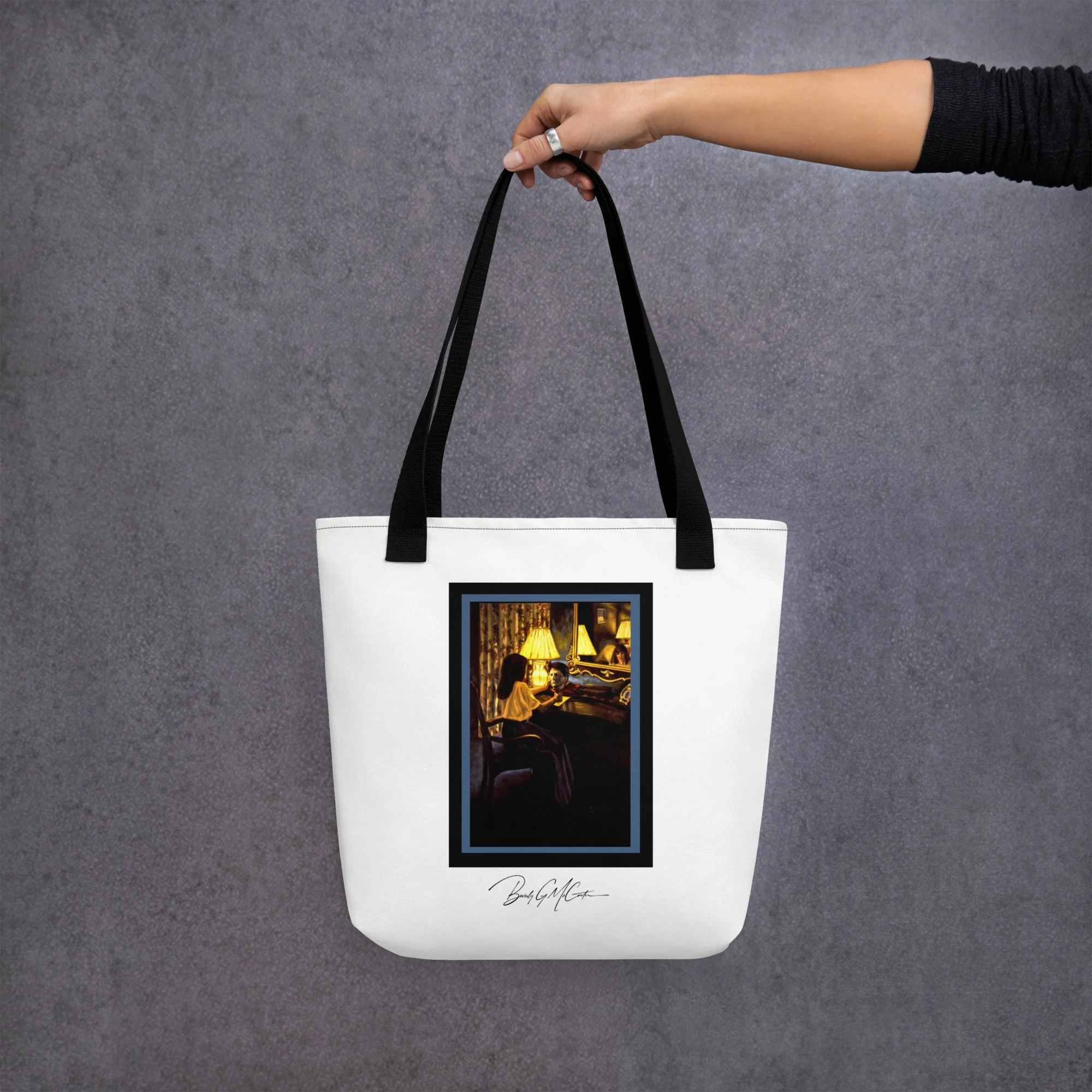 Polyester tote bag with Promises Kept oil print by Beverly G. McCarter, Queen Margot-inspired scene of loyalty and loss in lamplight.