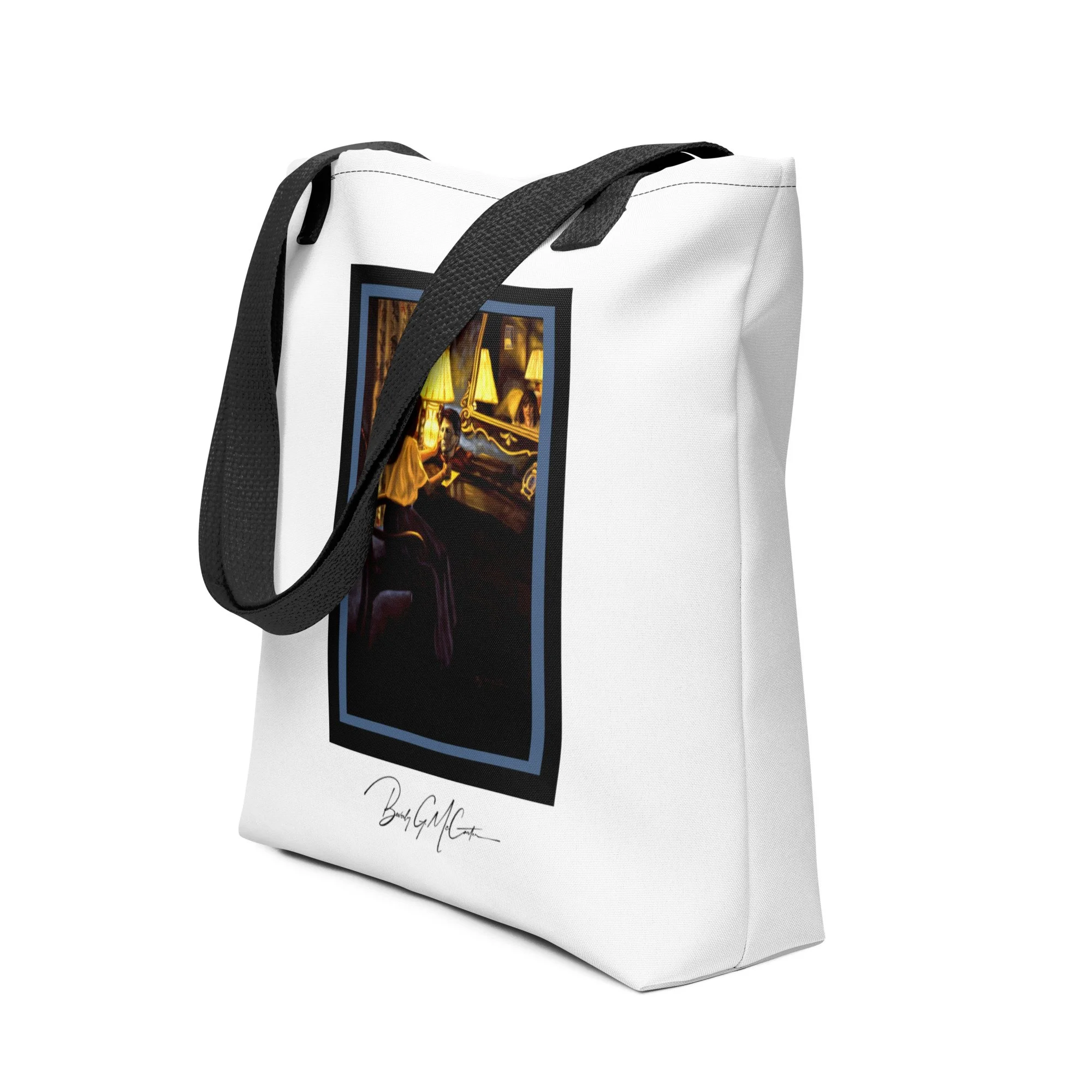 Polyester tote bag with Promises Kept oil print by Beverly G. McCarter, Queen Margot-inspired scene of loyalty and loss in lamplight.