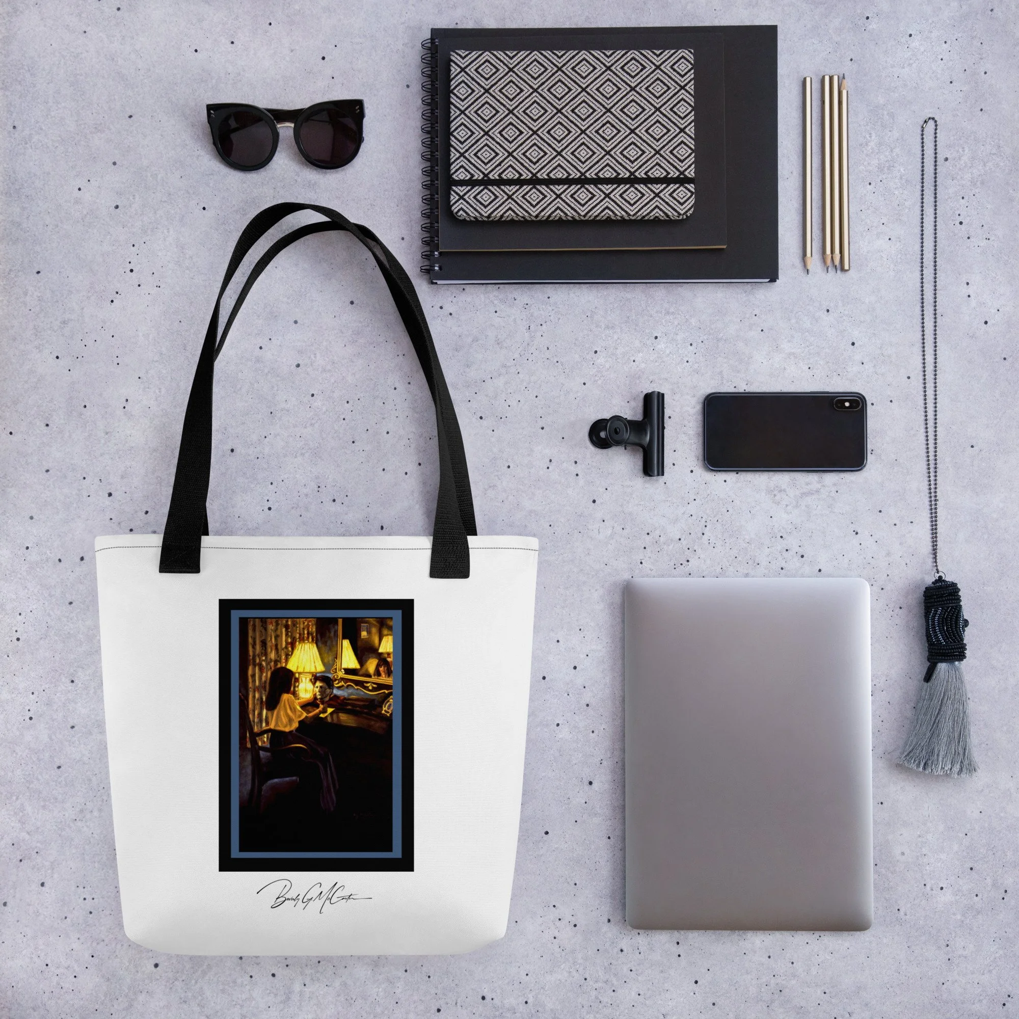 Polyester tote bag with Promises Kept oil print by Beverly G. McCarter, Queen Margot-inspired scene of loyalty and loss in lamplight.