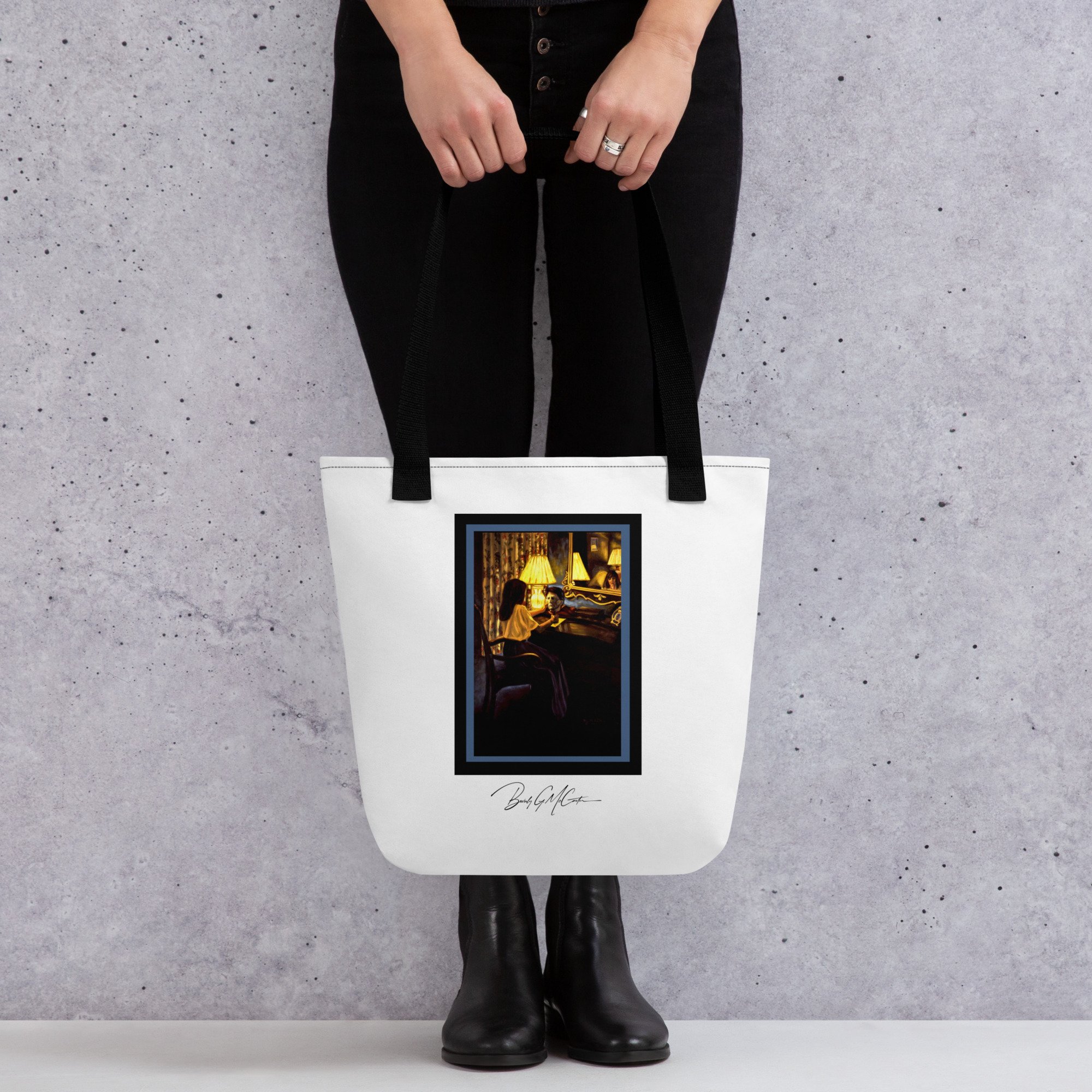 Polyester tote bag with Promises Kept oil print by Beverly G. McCarter, Queen Margot-inspired scene of loyalty and loss in lamplight.