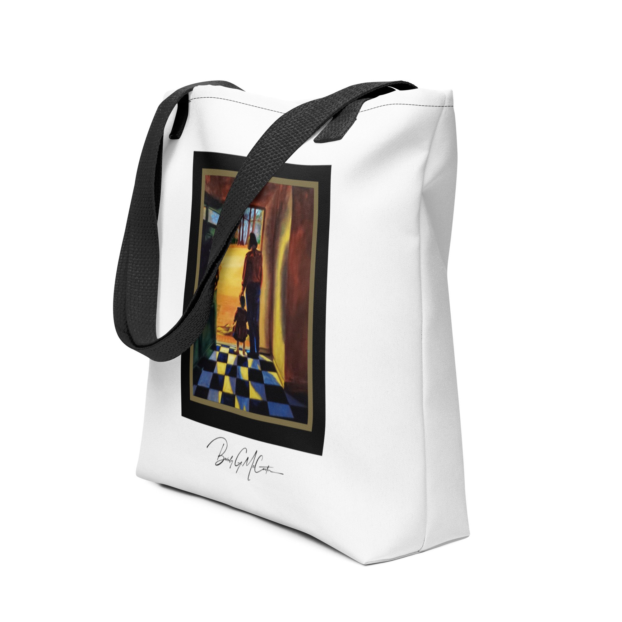 Polyester tote bag with The Delivery oil print by Beverly G. McCarter, threshold moment in radiant landscape.