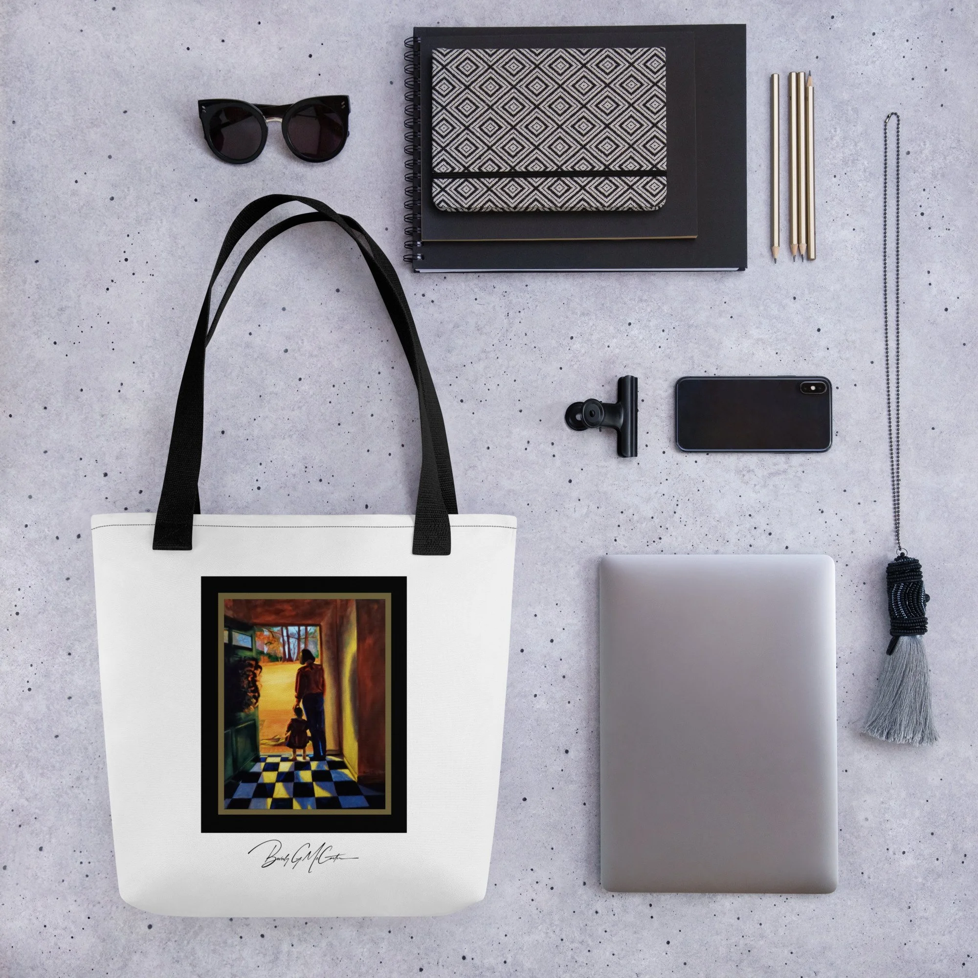 Polyester tote bag with The Delivery oil print by Beverly G. McCarter, threshold moment in radiant landscape.