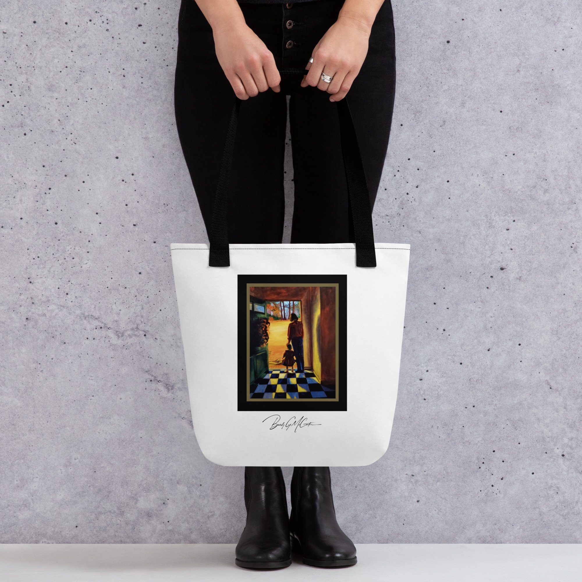 Polyester tote bag with The Delivery oil print by Beverly G. McCarter, threshold moment in radiant landscape.