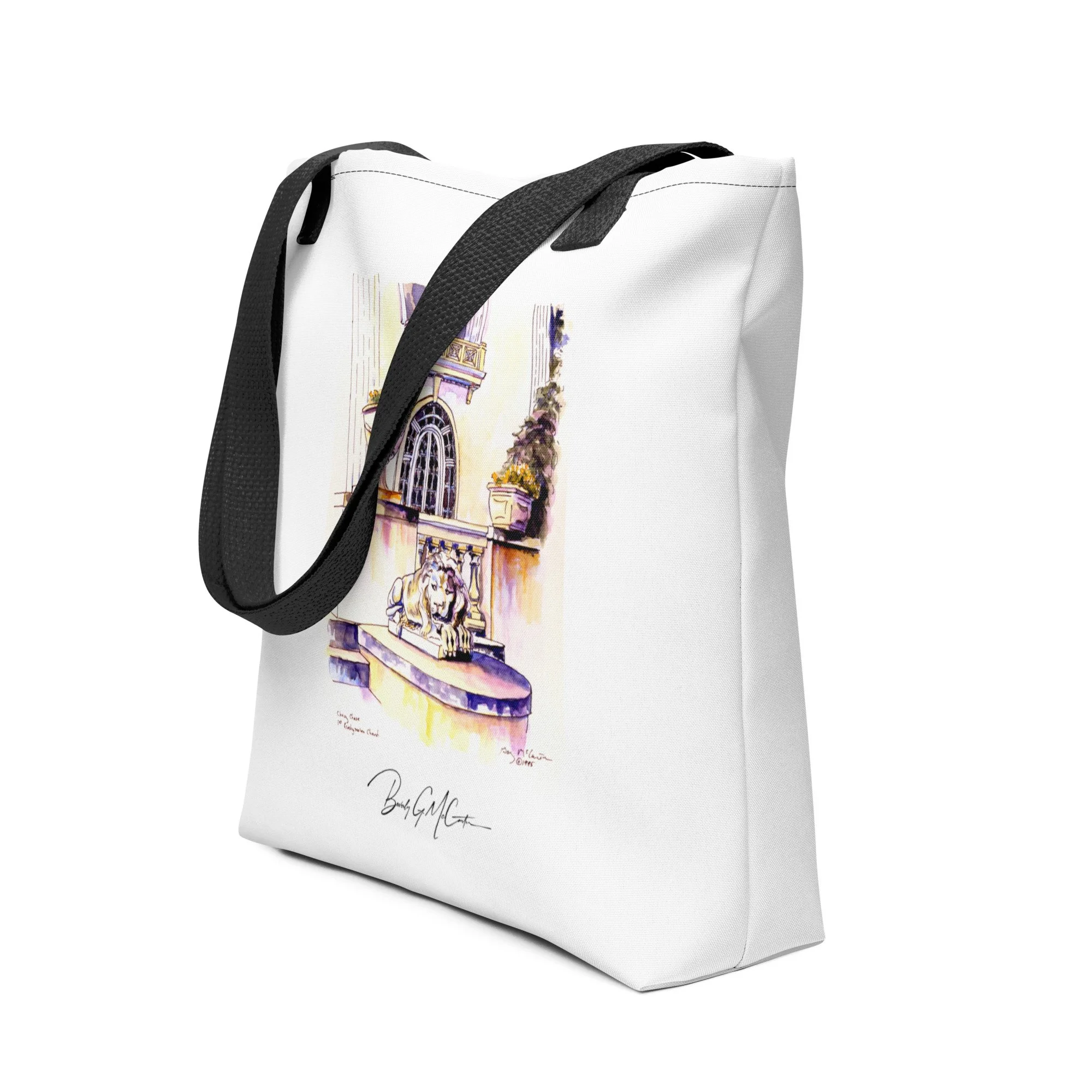 Polyester tote bag with Chevy Chase House watercolor print by Beverly G. McCarter, Memorial Hall arches and guardian lion in vibrant strokes.