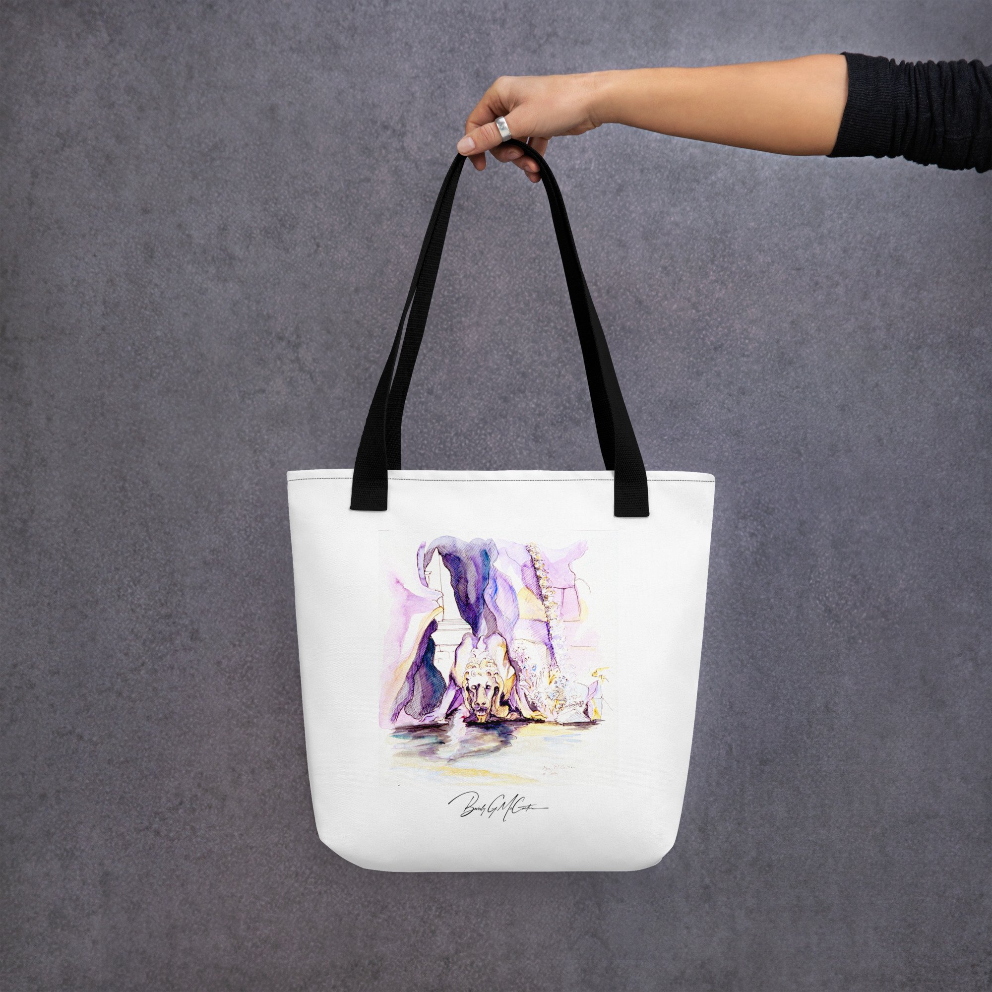 Polyester tote bag with Fontana dei Fiumi watercolor print by Beverly G. McCarter, dynamic Roman fountain lion in pen and ink style.