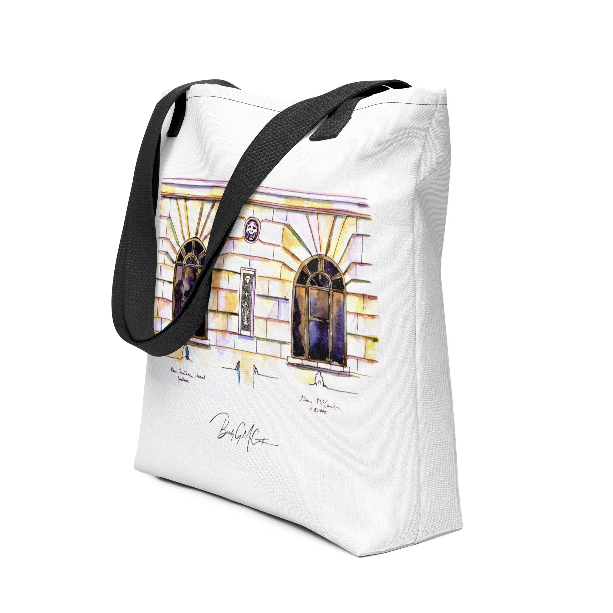 Polyester tote bag with New Southern Hotel watercolor print by Beverly G. McCarter, ornate Southern hotel in warm light.