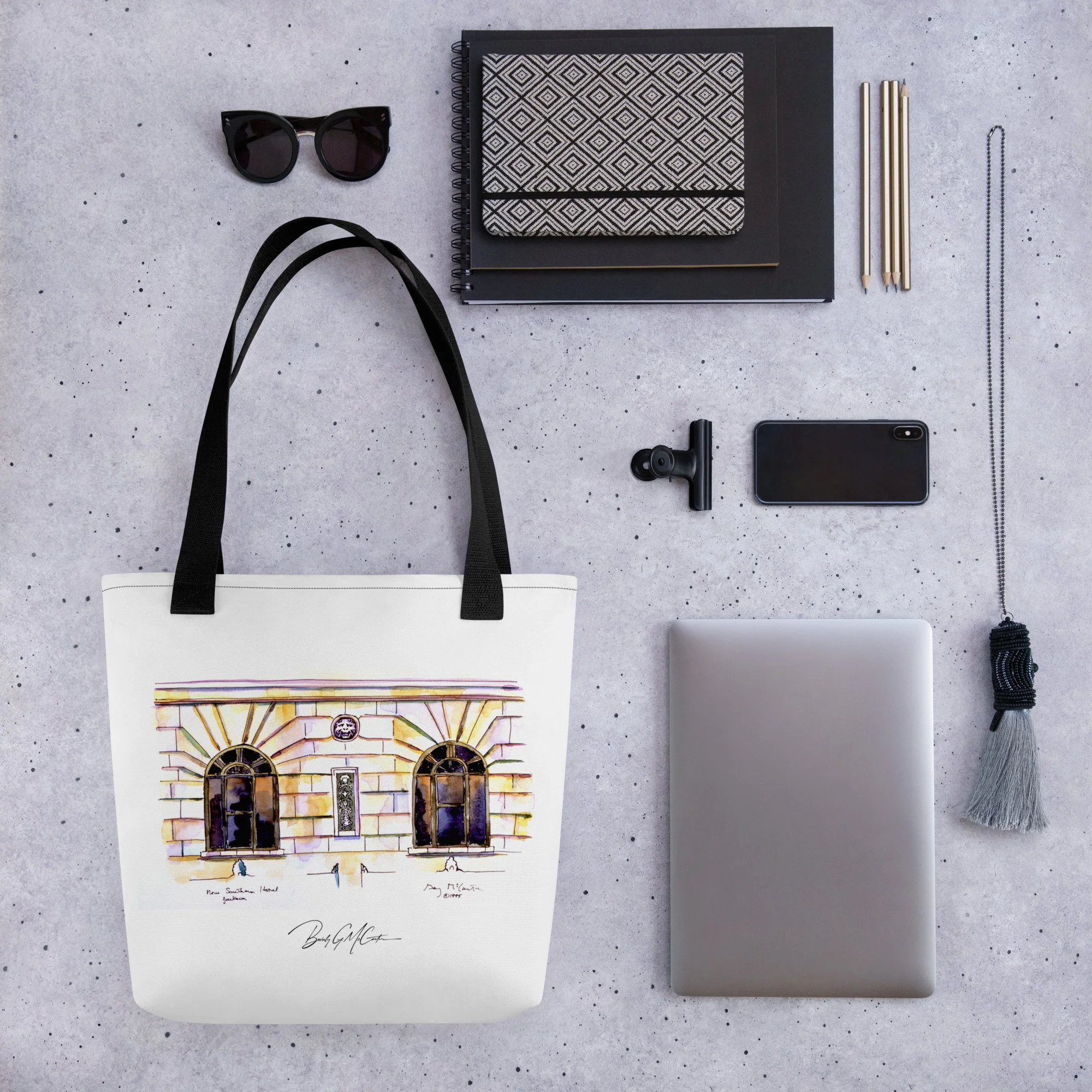Polyester tote bag with New Southern Hotel watercolor print by Beverly G. McCarter, ornate Southern hotel in warm light.