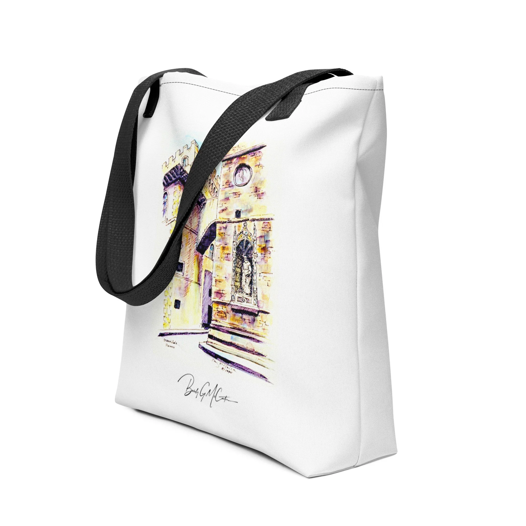 Polyester tote bag with Orsanmichele watercolor print by Beverly G. McCarter, Renaissance sculptures on medieval facade in soft light.