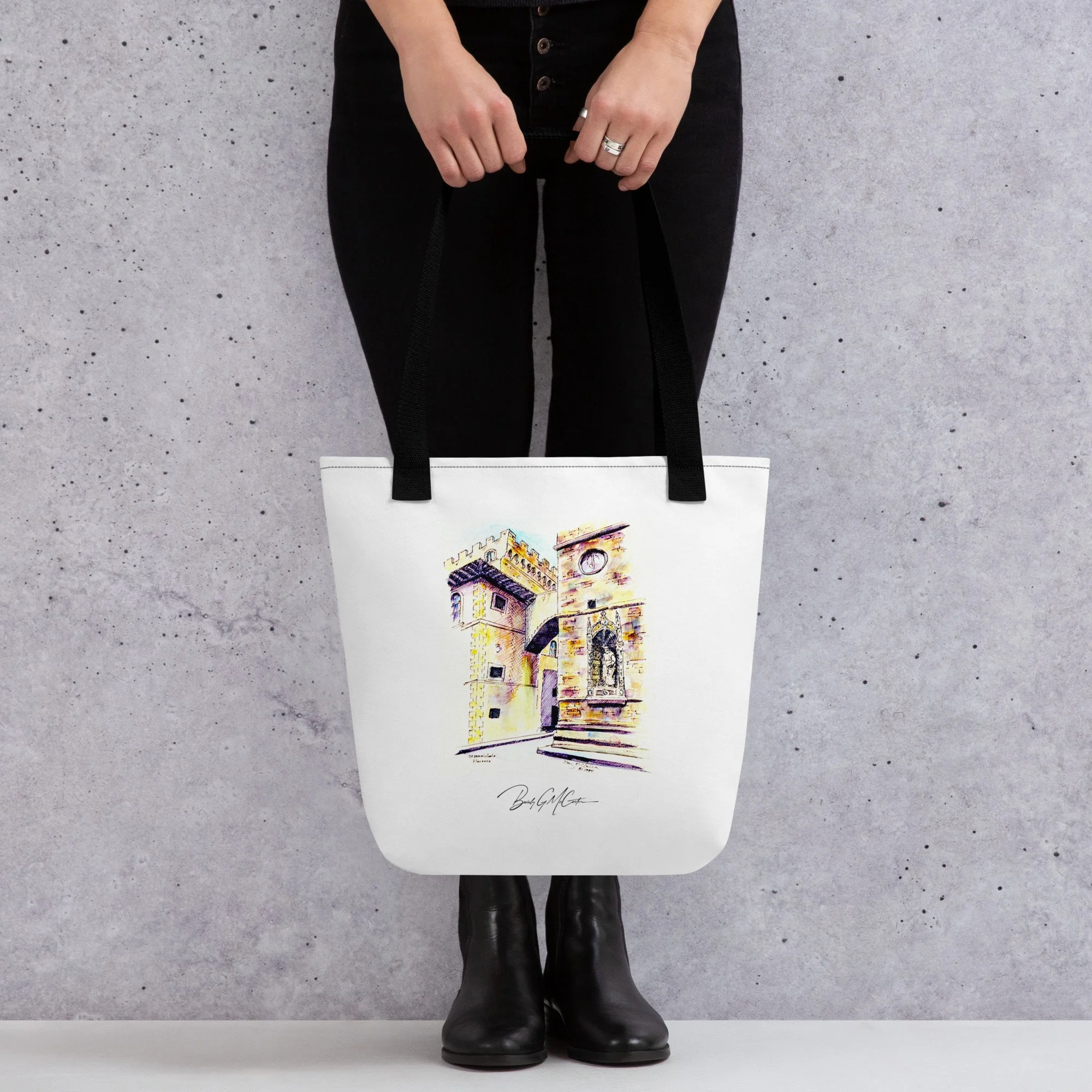 Polyester tote bag with Orsanmichele watercolor print by Beverly G. McCarter, Renaissance sculptures on medieval facade in soft light.