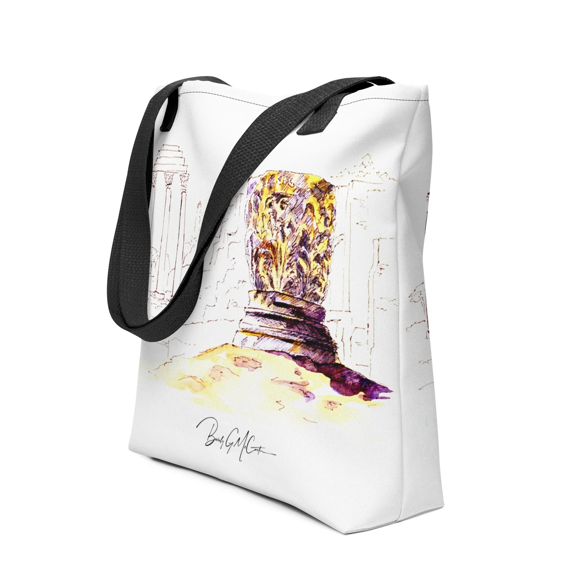 Polyester tote bag with Roman Forum Temple of Castor and Pollux watercolor print by Beverly G. McCarter, ancient Roman columns evoking empire's passage.