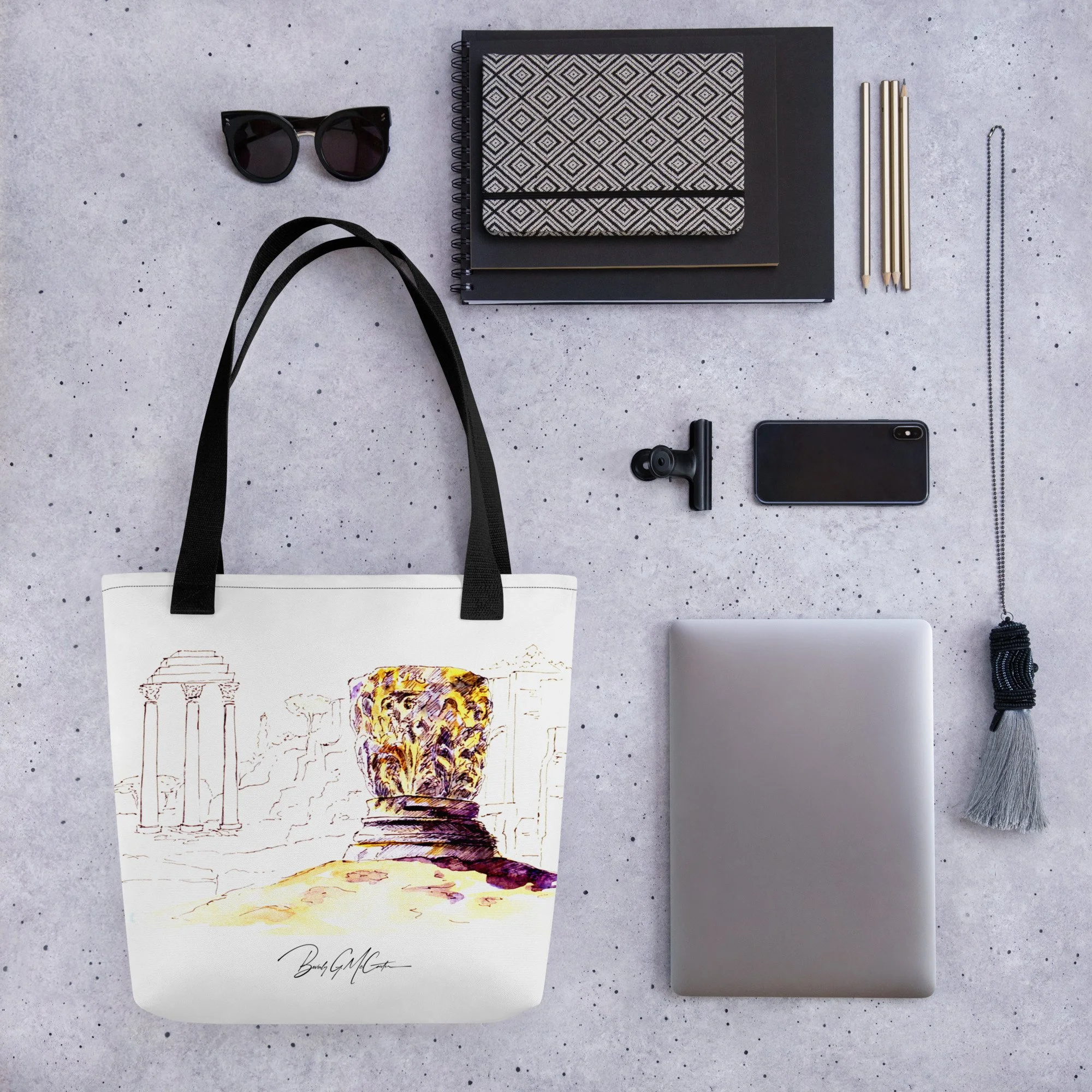 Polyester tote bag with Roman Forum Temple of Castor and Pollux watercolor print by Beverly G. McCarter, ancient Roman columns evoking empire's passage.