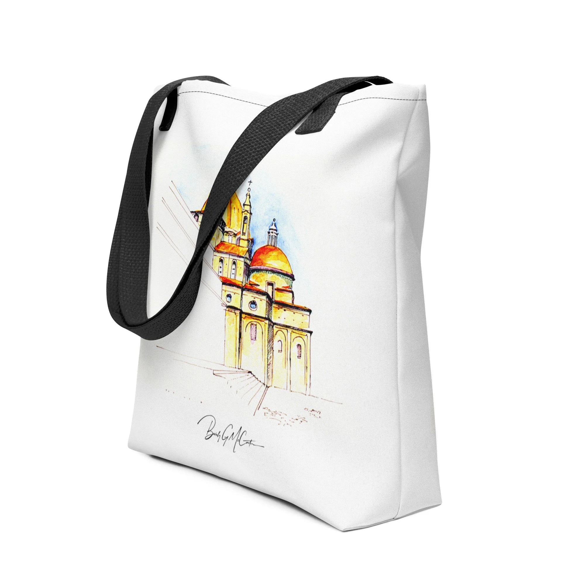 Polyester tote bag with Basilica di San Lorenzo watercolor print by Beverly G. McCarter, Michelangelo's genius in soaring arches.