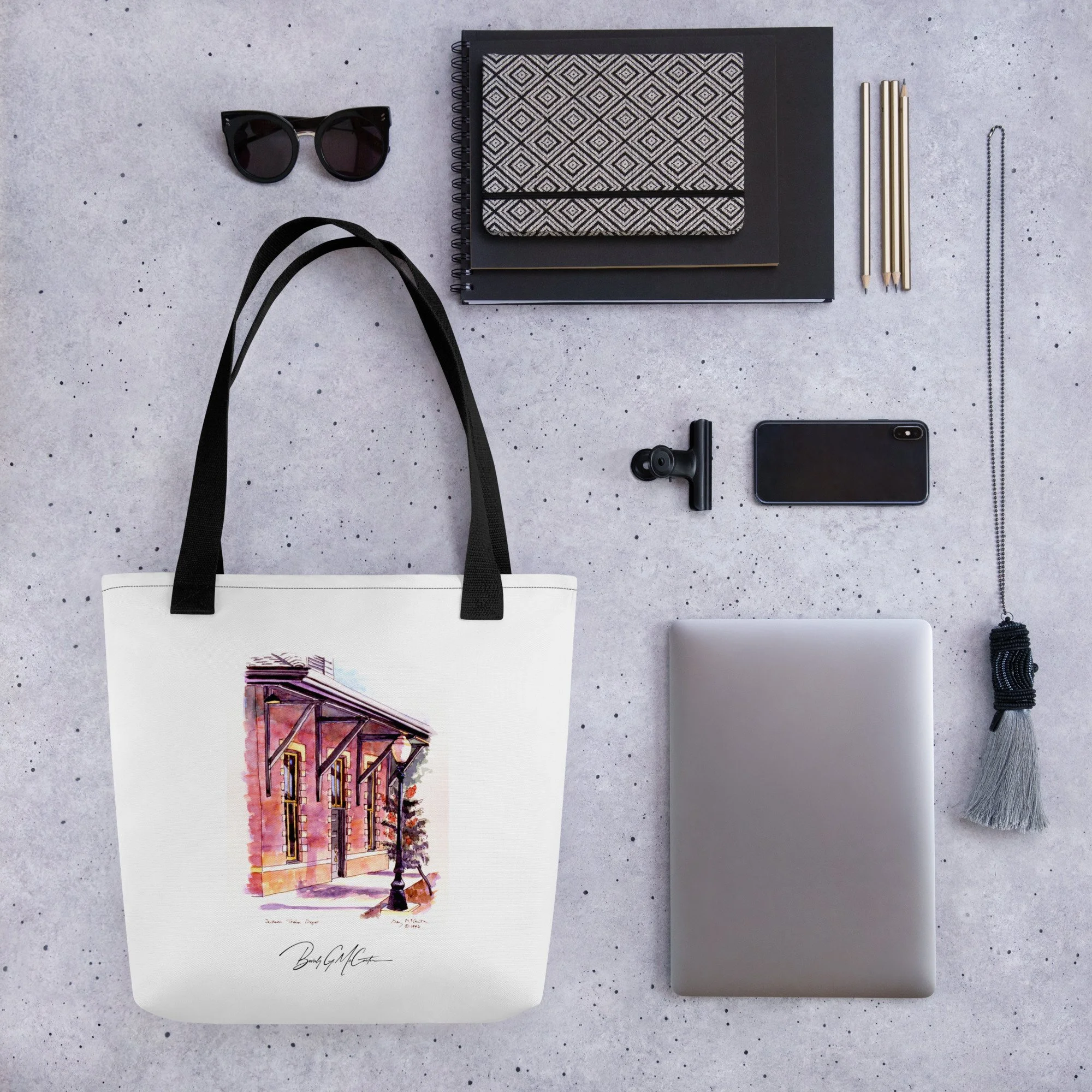 Polyester tote bag with Jackson Train Depot watercolor print by Beverly G. McCarter, 1907 landmark with rails and awning in luminous washes.