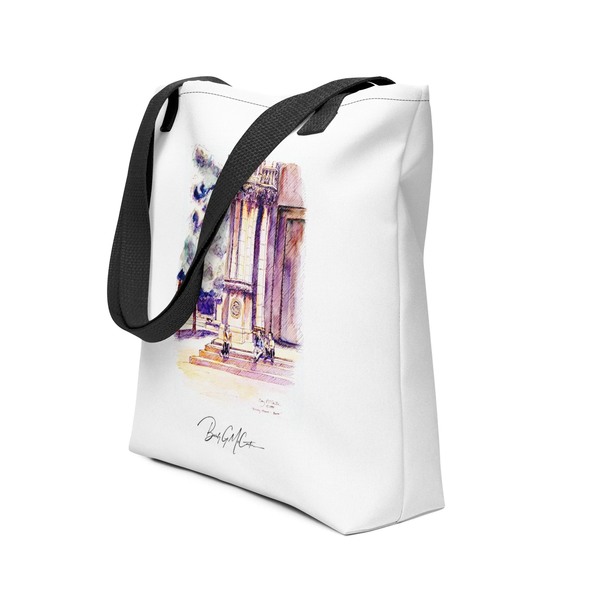 Polyester tote bag with Trinity Church in Boston watercolor print by Beverly G. McCarter, Boston landmark with stone facade in soft light.