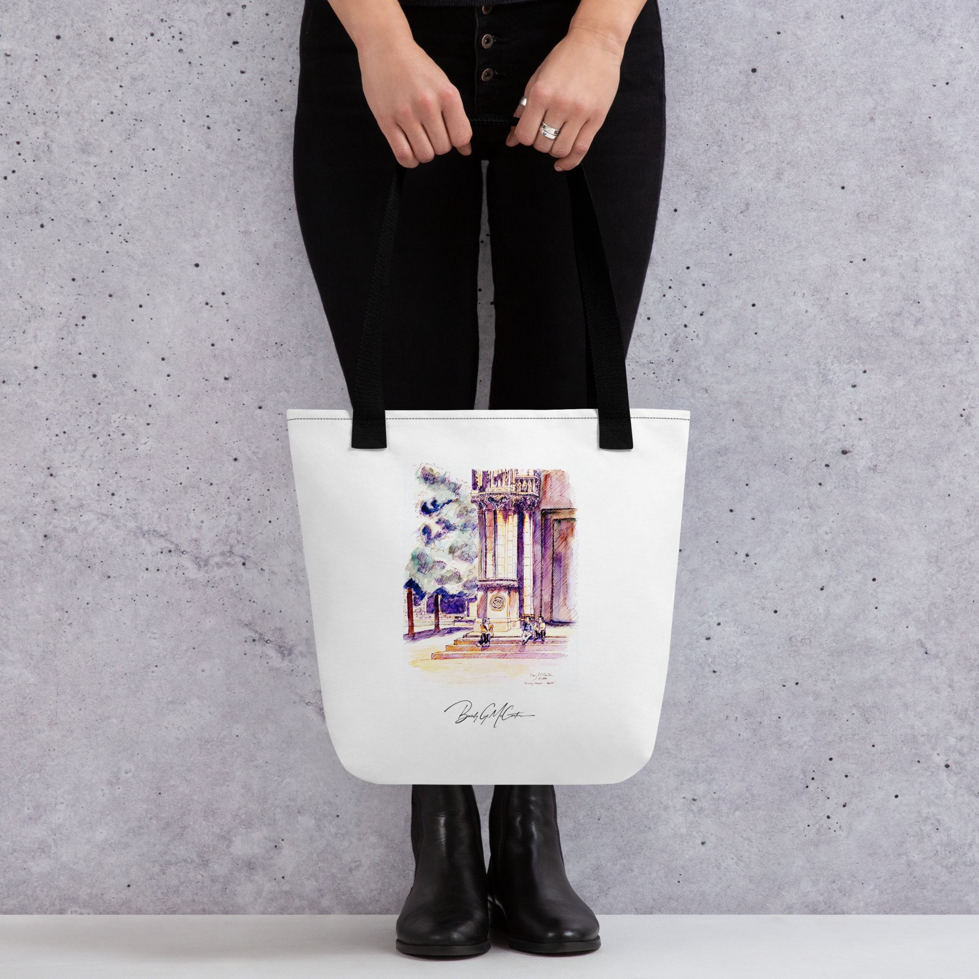 Polyester tote bag with Trinity Church in Boston watercolor print by Beverly G. McCarter, Boston landmark with stone facade in soft light.