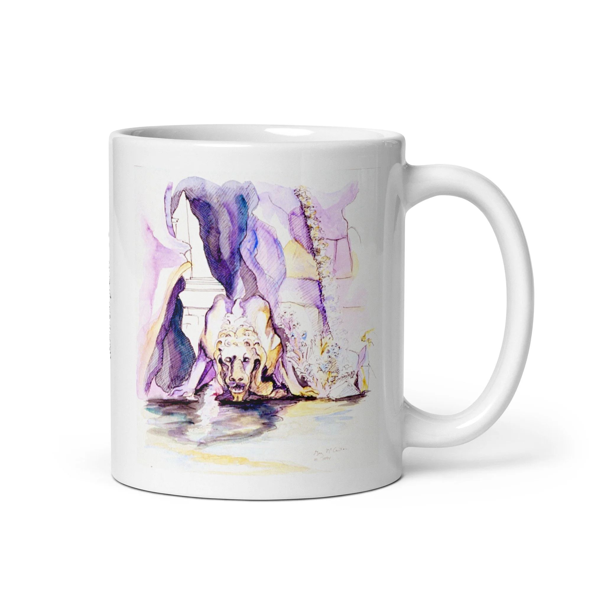 11 oz white ceramic mug with Fontana dei Fiumi watercolor wrap by Beverly G. McCarter, Bernini's lion drinking in Piazza Navona.