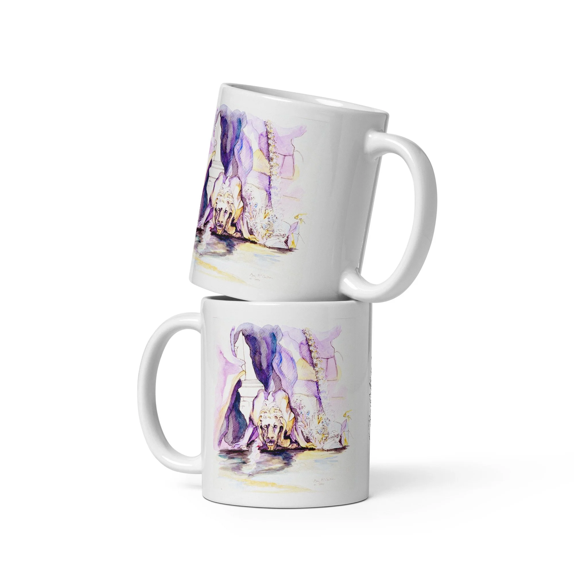 Two white ceramic mugs with Fontana dei Fiumi watercolor wrap by Beverly G. McCarter, Bernini's lion drinking in Piazza Navona.
