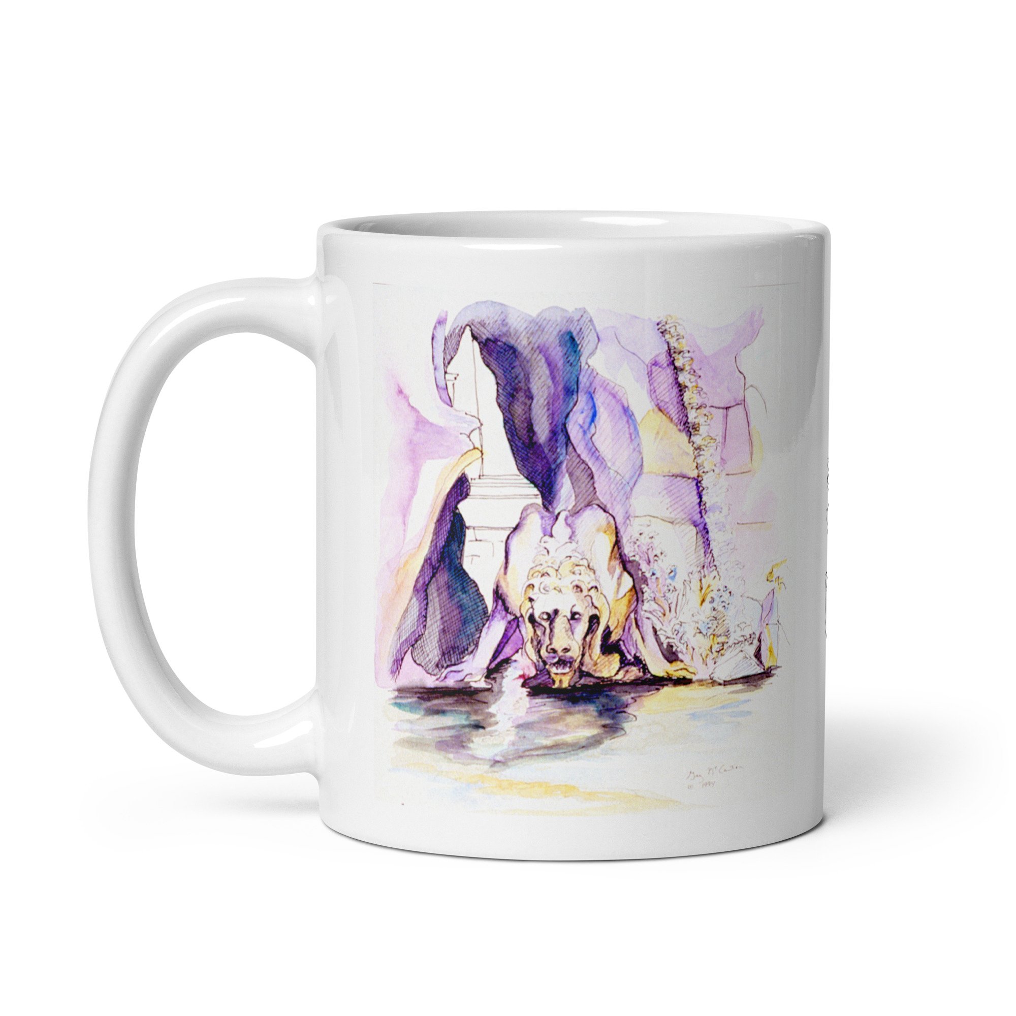 11 oz white ceramic mug with Fontana dei Fiumi watercolor wrap by Beverly G. McCarter, Bernini's lion drinking in Piazza Navona.