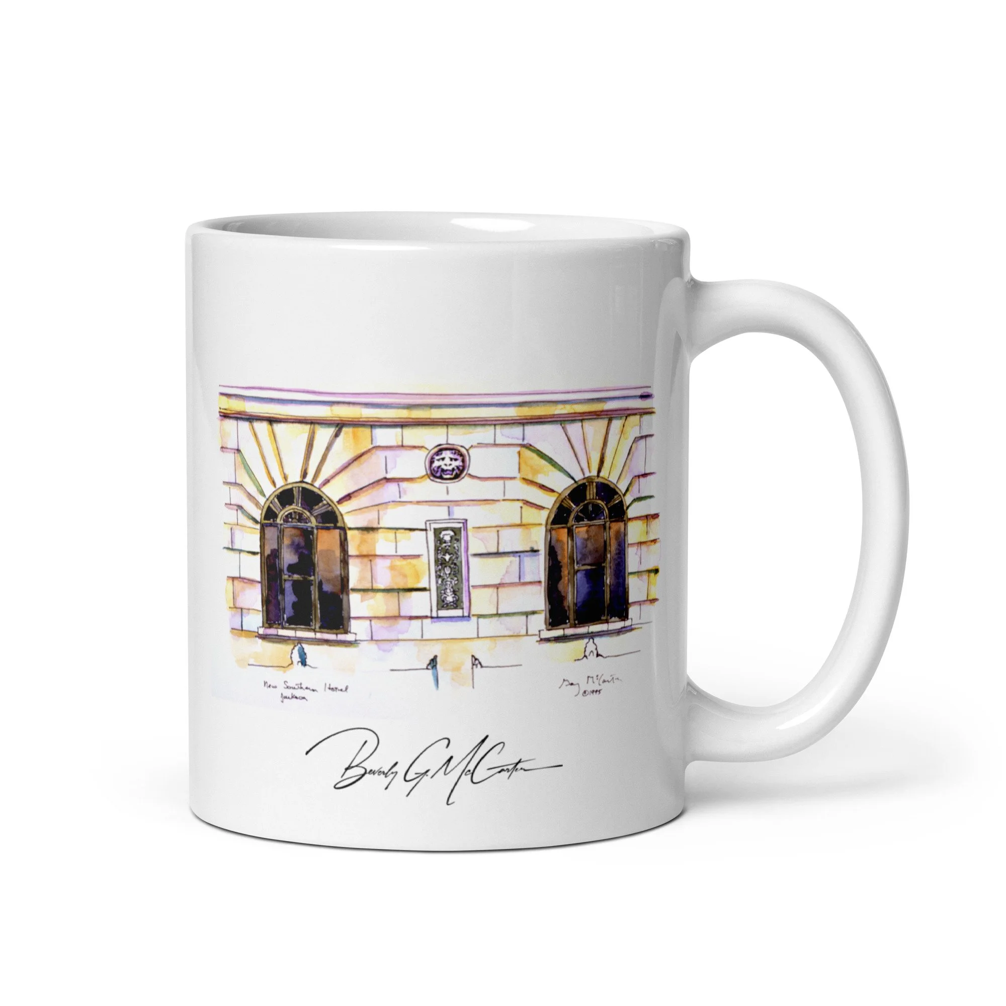 11 oz white ceramic mug with New Southern Hotel watercolor wrap by Beverly G. McCarter, Jackson TN landmark in translucent glow.