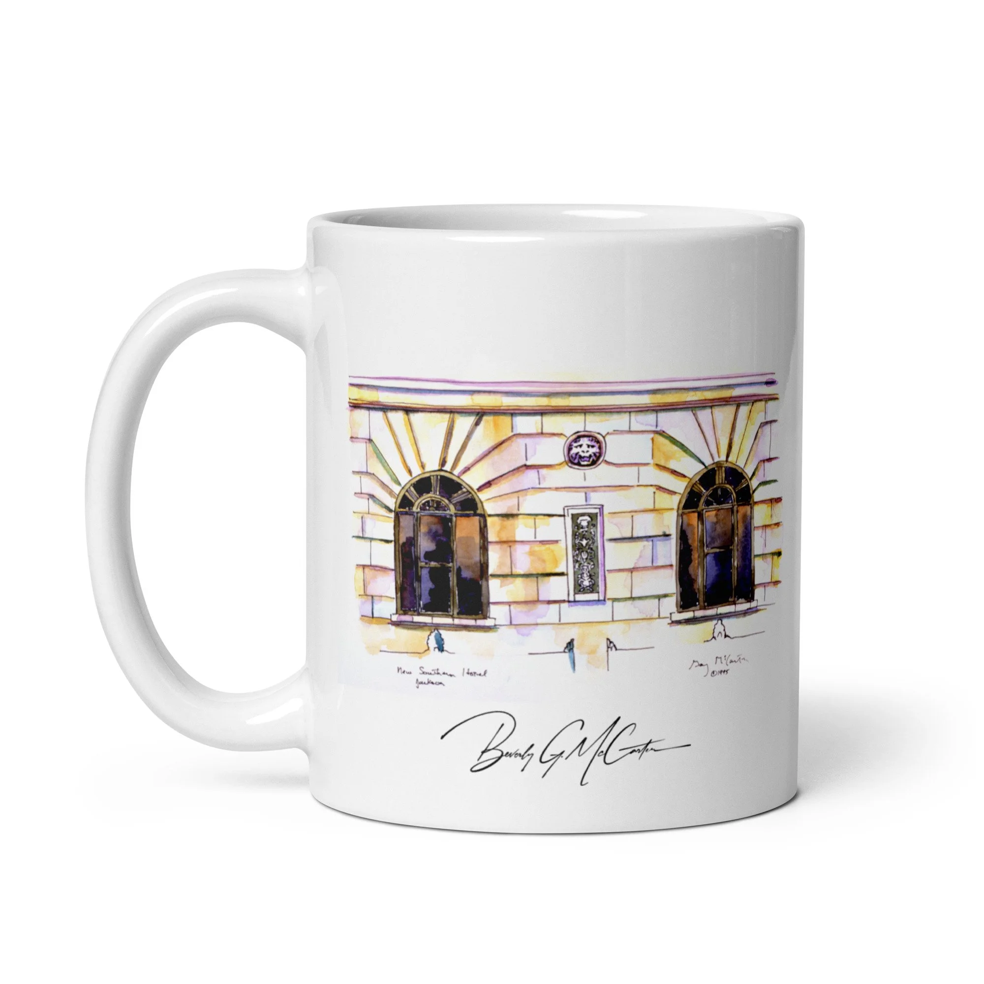 11 oz white ceramic mug with New Southern Hotel watercolor wrap by Beverly G. McCarter, Jackson TN landmark in translucent glow.