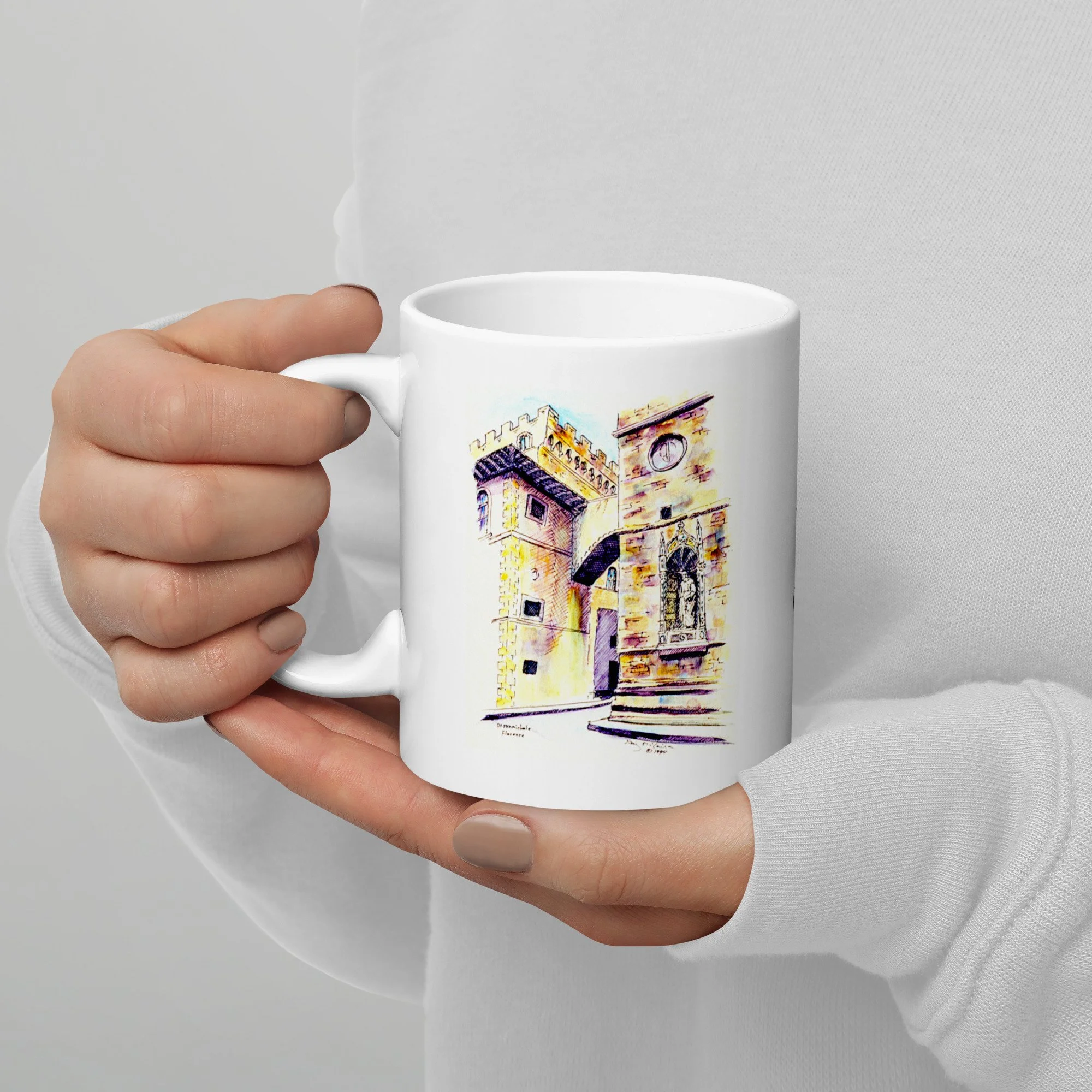 11 oz white ceramic mug with Orsanmichele watercolor wrap by Beverly G. McCarter, crenellated tower and Donatello saints in Florence.