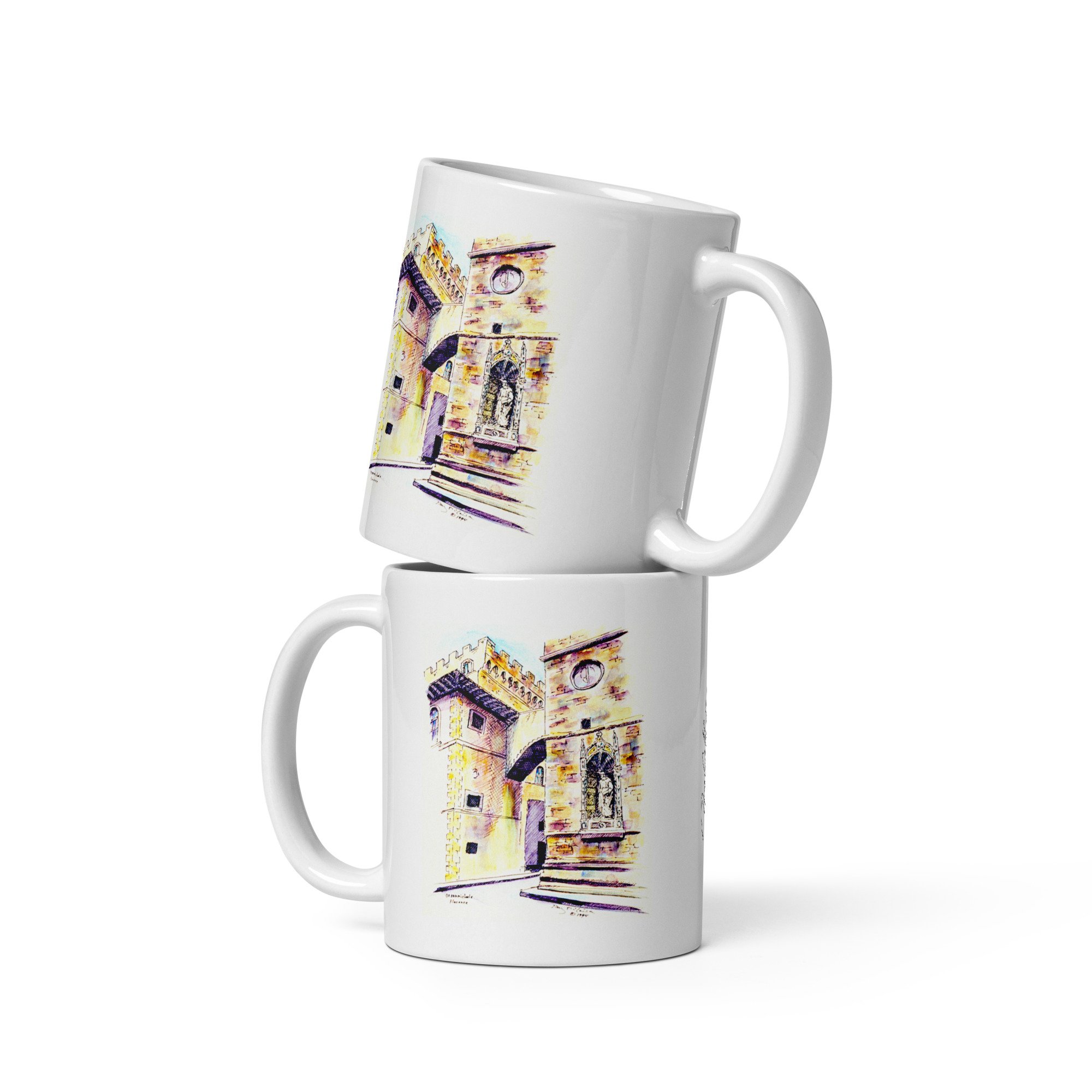 11 oz white ceramic mug with Orsanmichele watercolor wrap by Beverly G. McCarter, crenellated tower and Donatello saints in Florence.