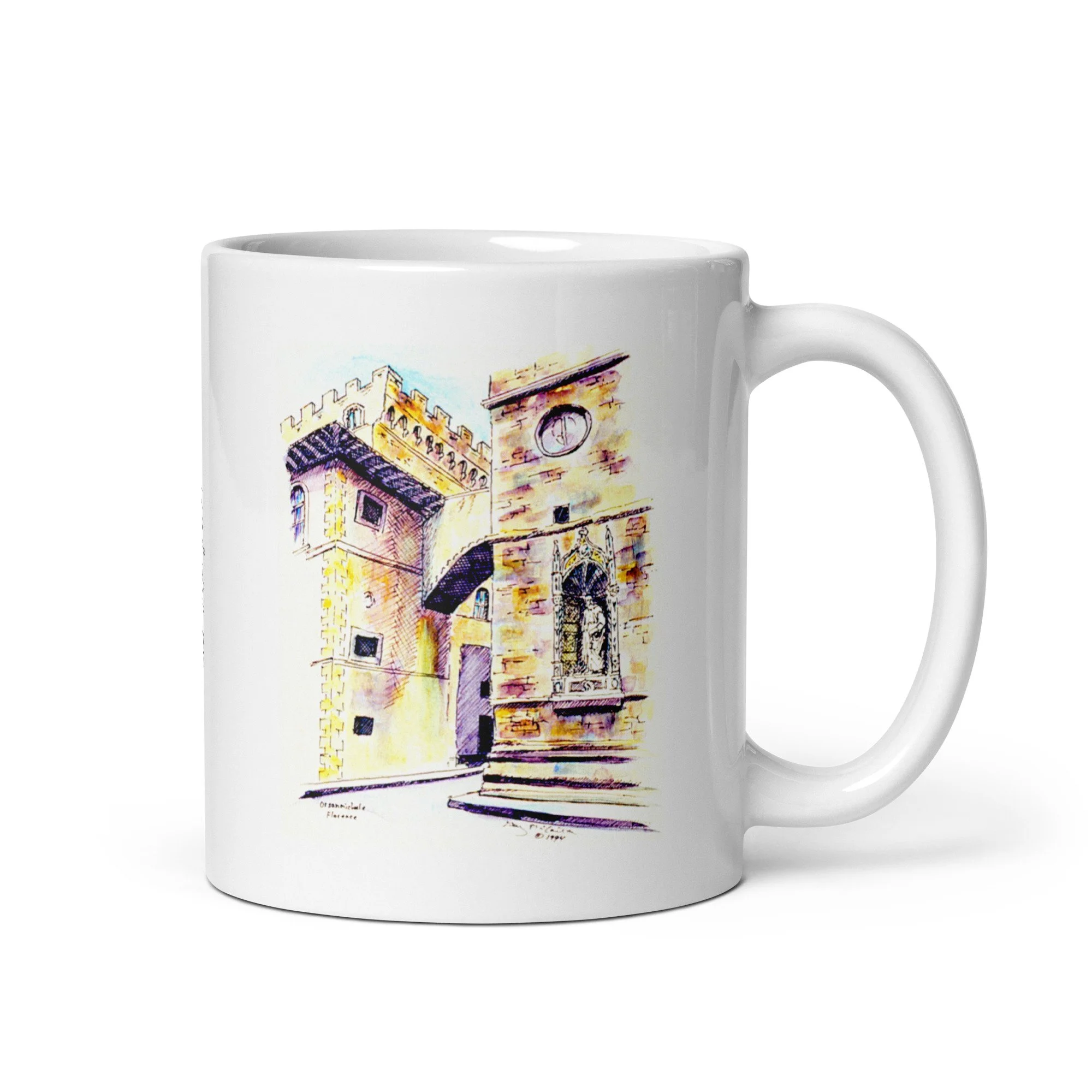 11 oz white ceramic mug with Orsanmichele watercolor wrap by Beverly G. McCarter, crenellated tower and Donatello saints in Florence.