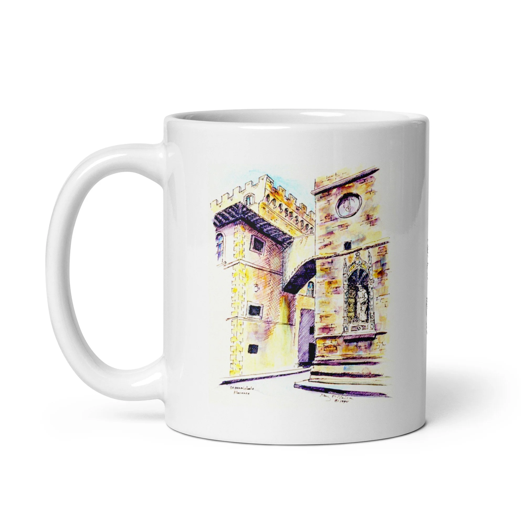 11 oz white ceramic mug with Orsanmichele watercolor wrap by Beverly G. McCarter, crenellated tower and Donatello saints in Florence.