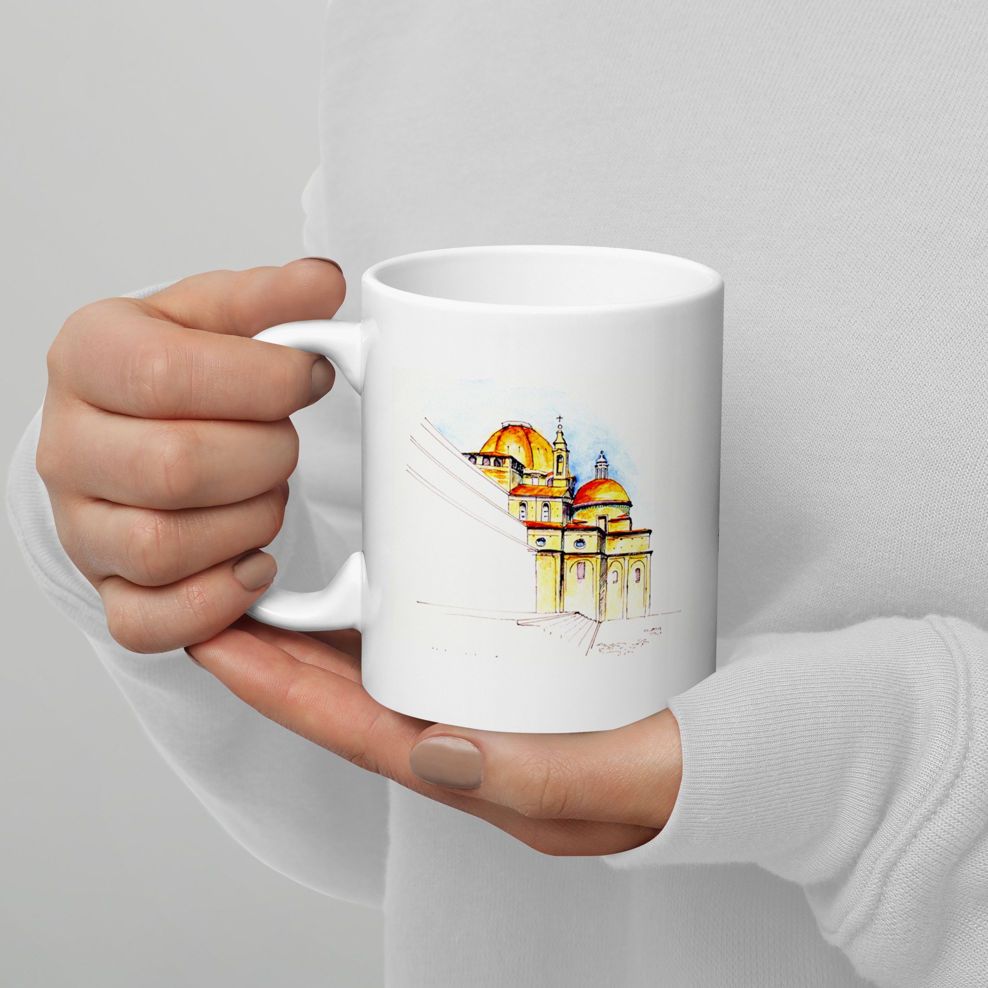 11 oz white ceramic mug with Basilica di San Lorenzo watercolor wrap by Beverly G. McCarter, Florence Renaissance treasure in translucent glow.