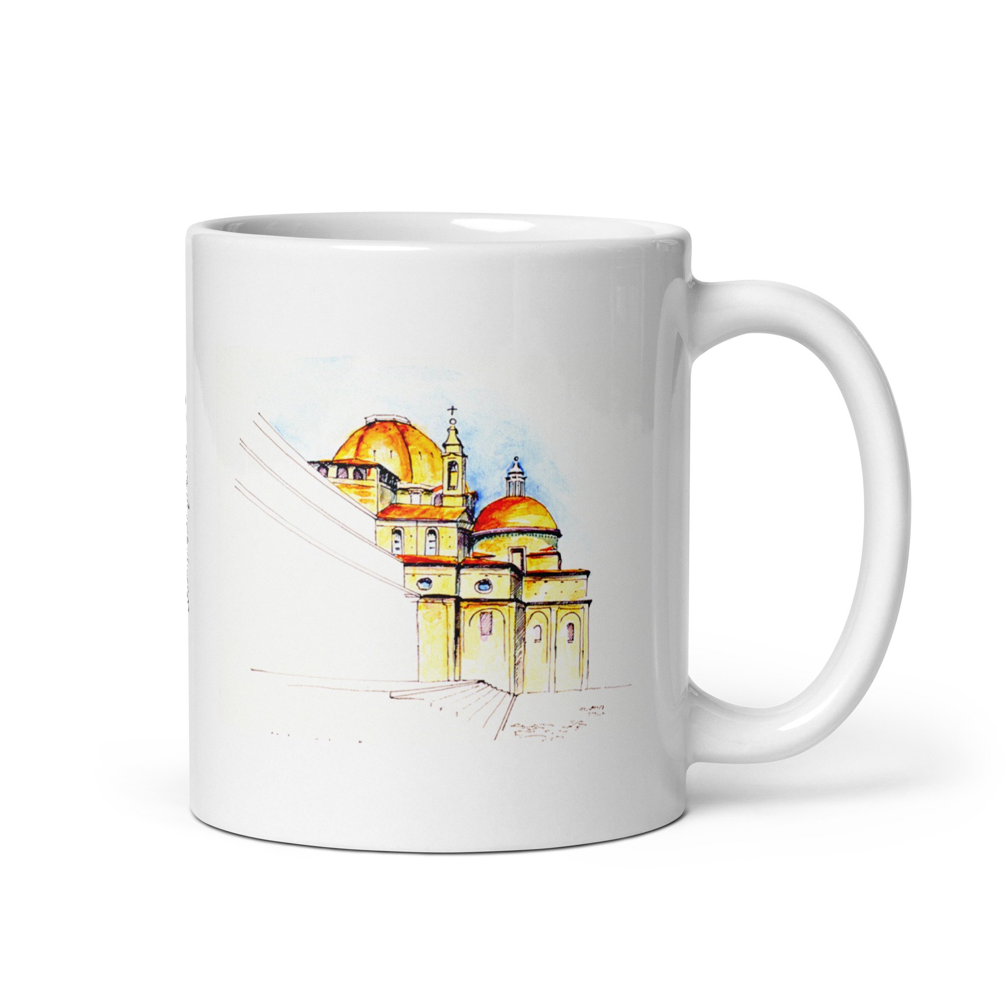 11 oz white ceramic mug with Basilica di San Lorenzo watercolor wrap by Beverly G. McCarter, Florence Renaissance treasure in translucent glow.