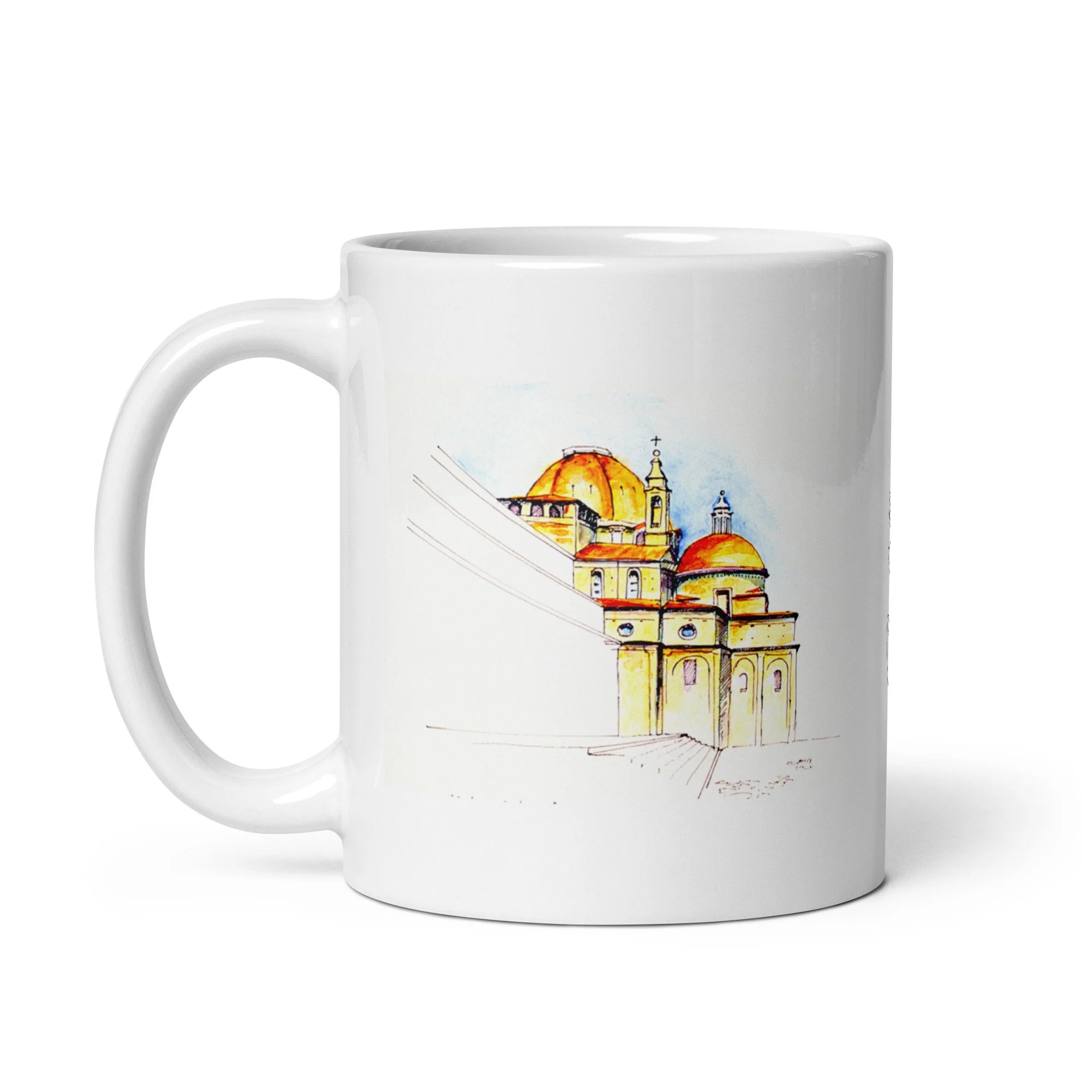 11 oz white ceramic mug with Basilica di San Lorenzo watercolor wrap by Beverly G. McCarter, Florence Renaissance treasure in translucent glow.