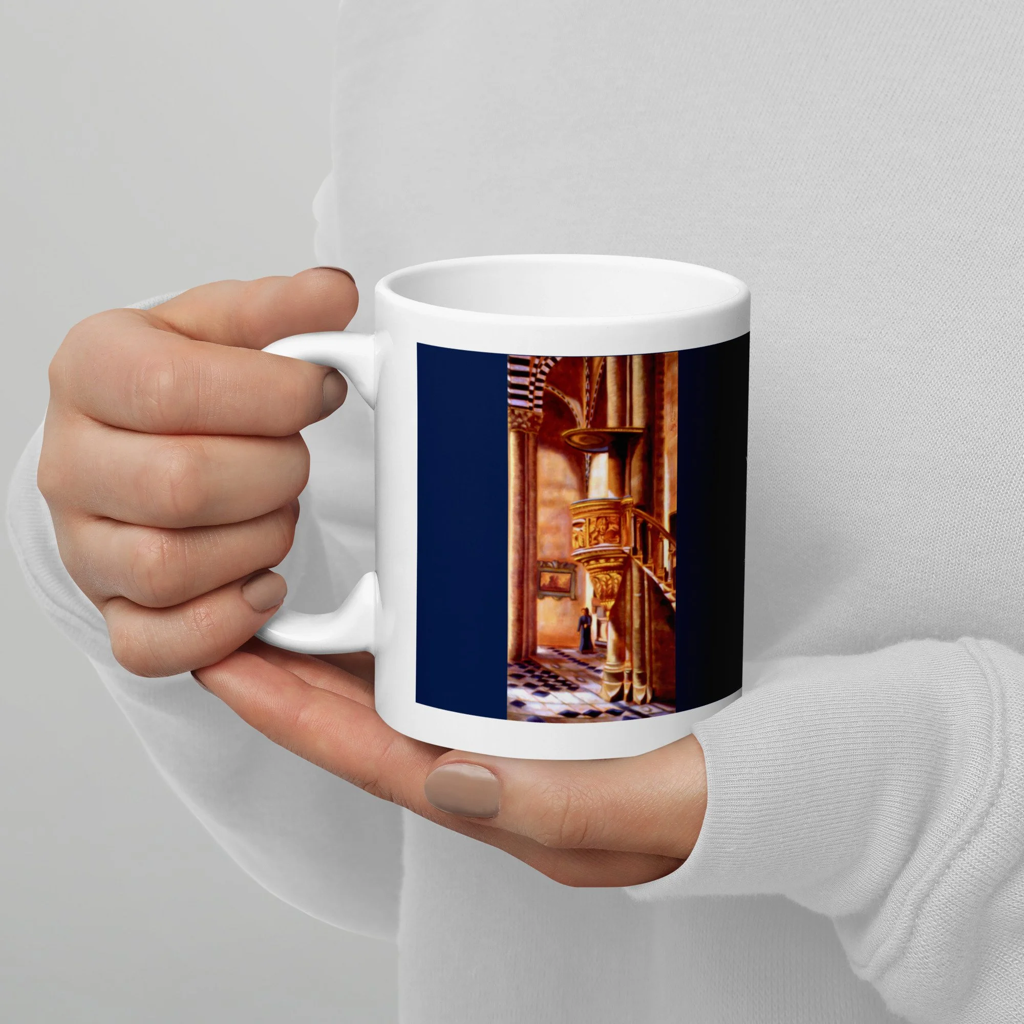 11 oz ceramic mug with The Ambo oil wrap by Beverly G. McCarter, church pulpit and figure on midnight-blue background.