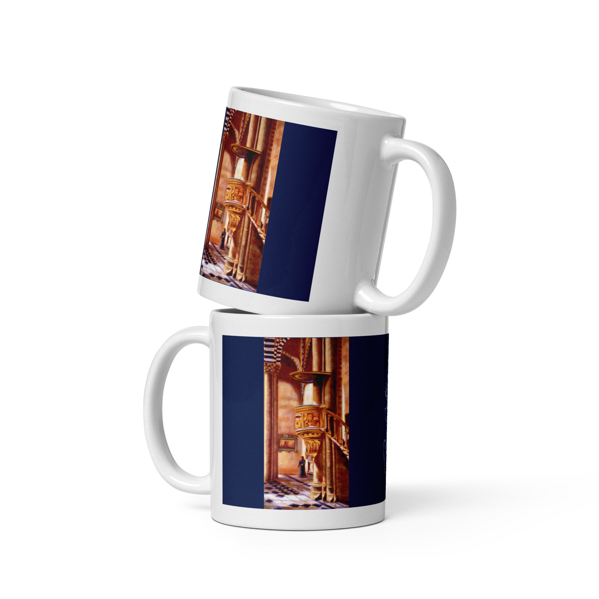 11 oz ceramic mug with The Ambo oil wrap by Beverly G. McCarter, church pulpit and figure on midnight-blue background.