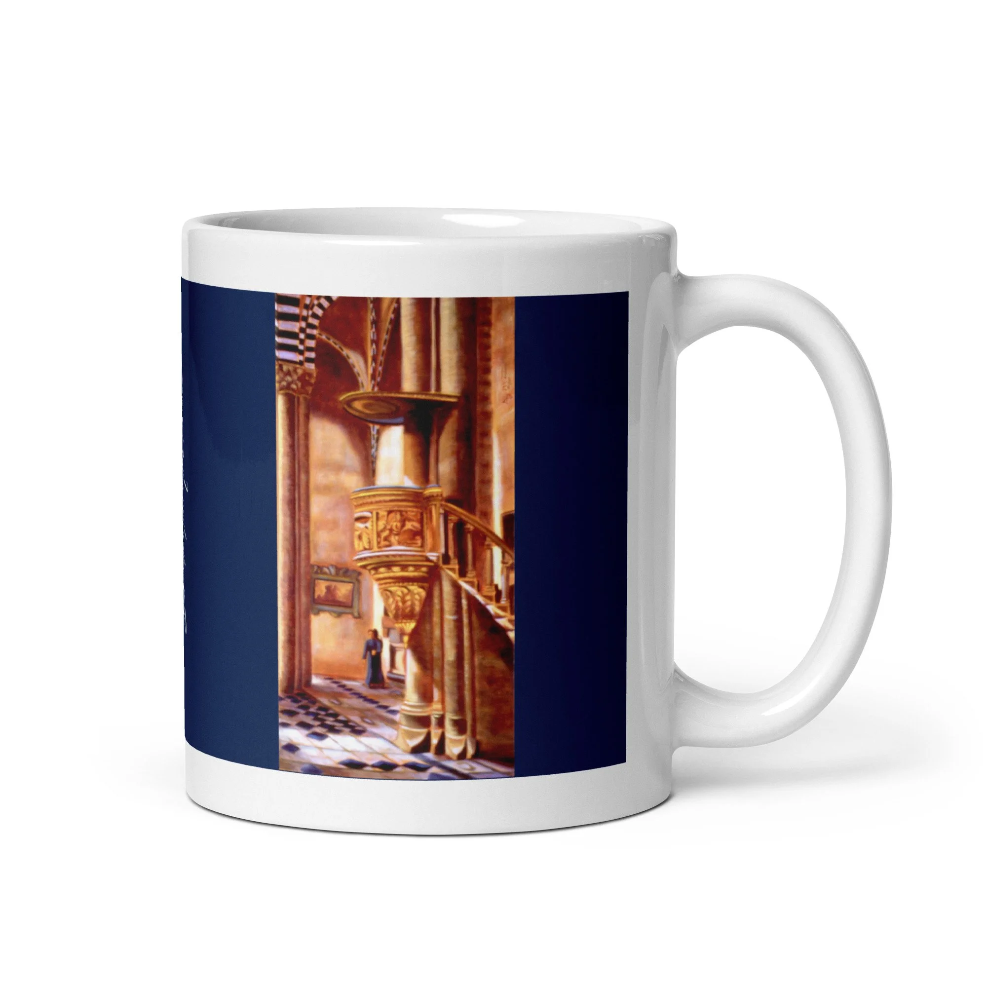 11 oz ceramic mug with The Ambo oil wrap by Beverly G. McCarter, church pulpit and figure on midnight-blue background.