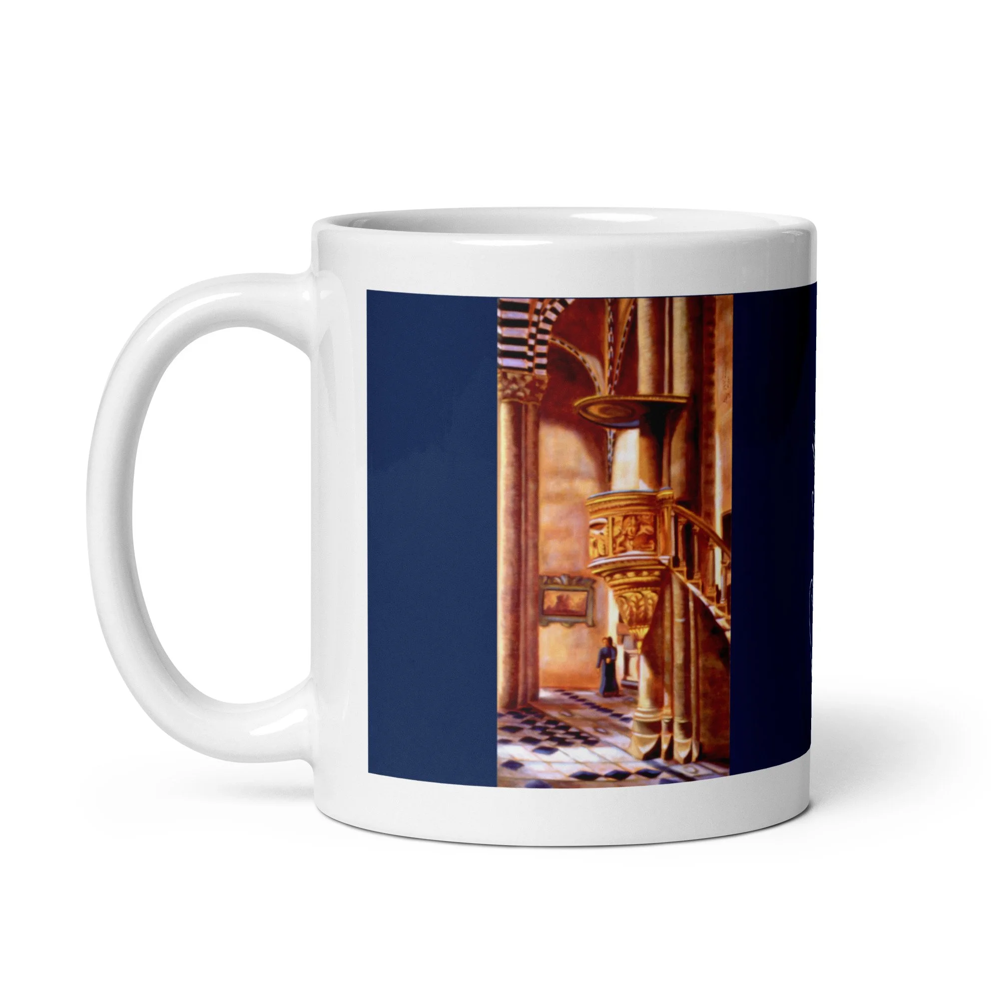 11 oz ceramic mug with The Ambo oil wrap by Beverly G. McCarter, church pulpit and figure on midnight-blue background.