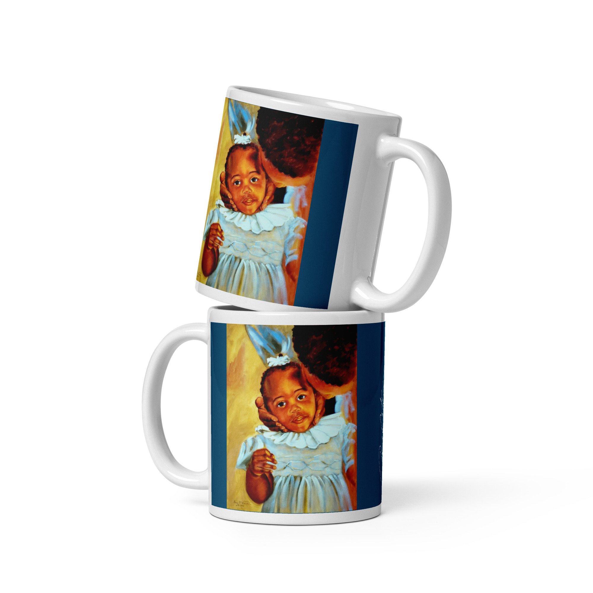 11 oz ceramic mug with Mama's Hands oil wrap by Beverly G. McCarter, family moment on sky-blue background.