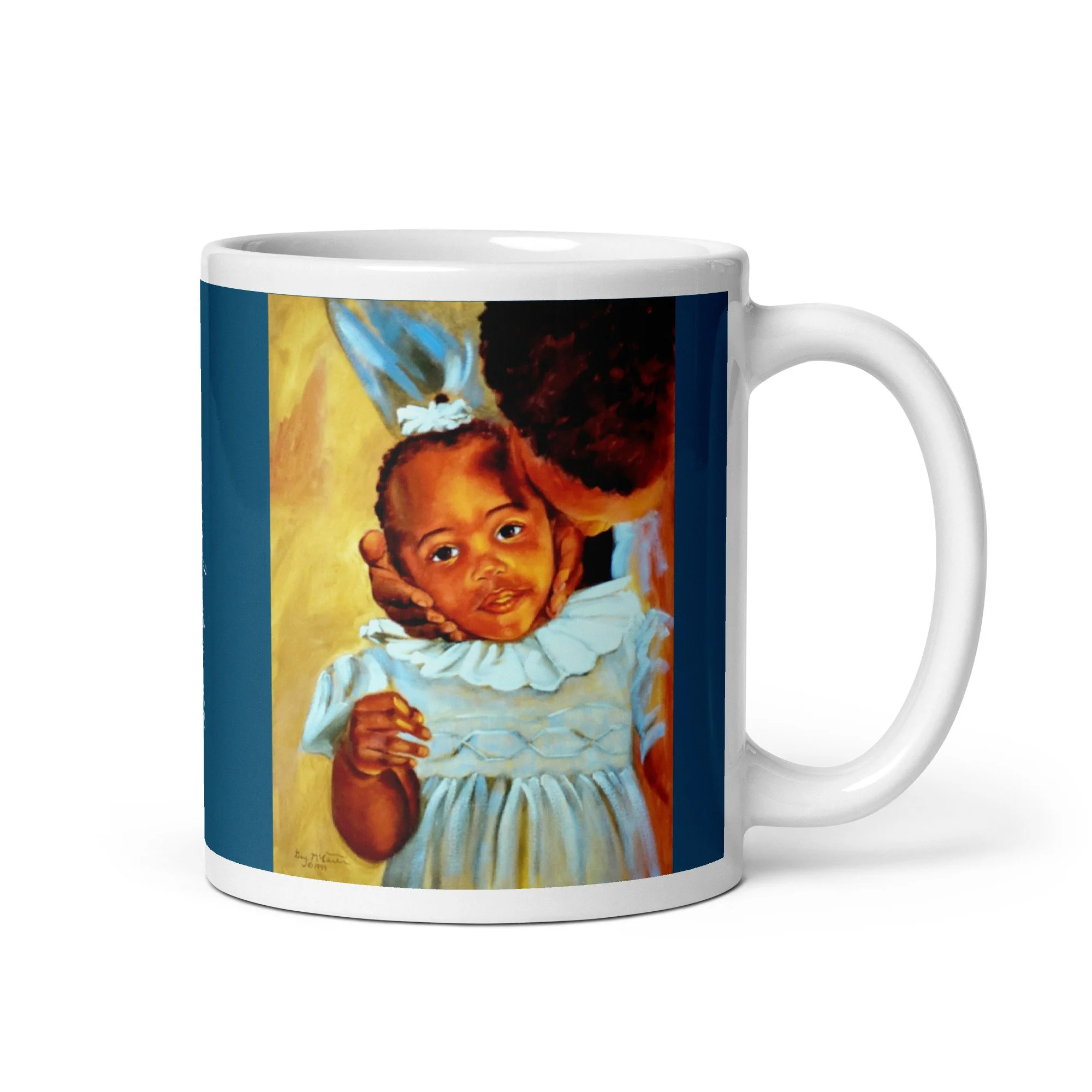 11 oz ceramic mug with Mama's Hands oil wrap by Beverly G. McCarter, family moment on sky-blue background.