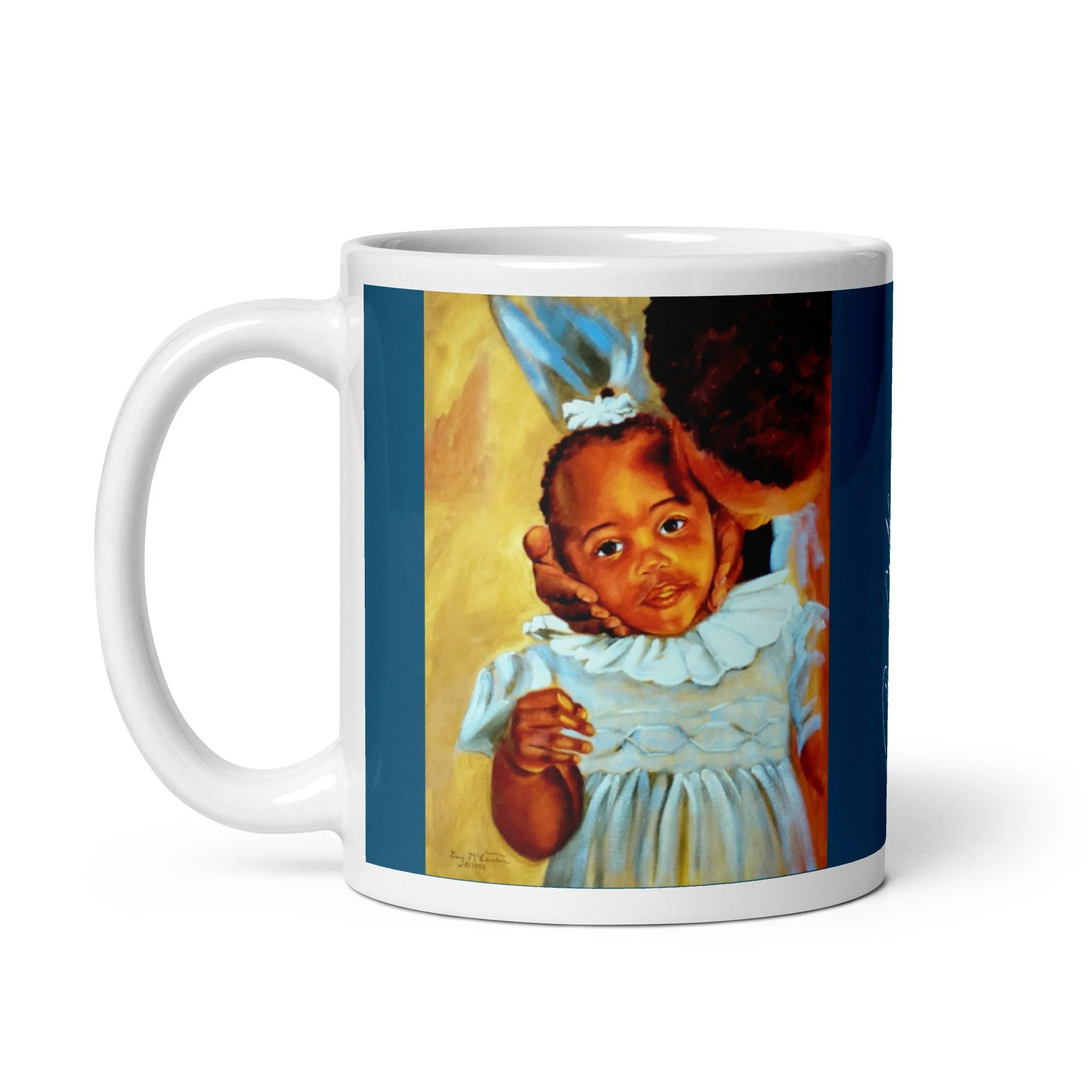 11 oz ceramic mug with Mama's Hands oil wrap by Beverly G. McCarter, family moment on sky-blue background.