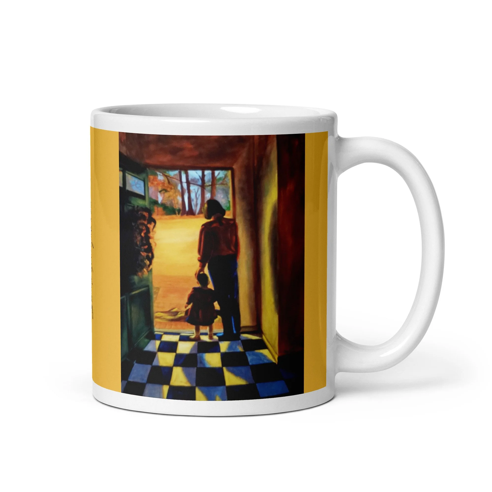 11 oz ceramic mug with The Delivery oil wrap by Beverly G. McCarter, family pause at doorway on yellow-ochre background.