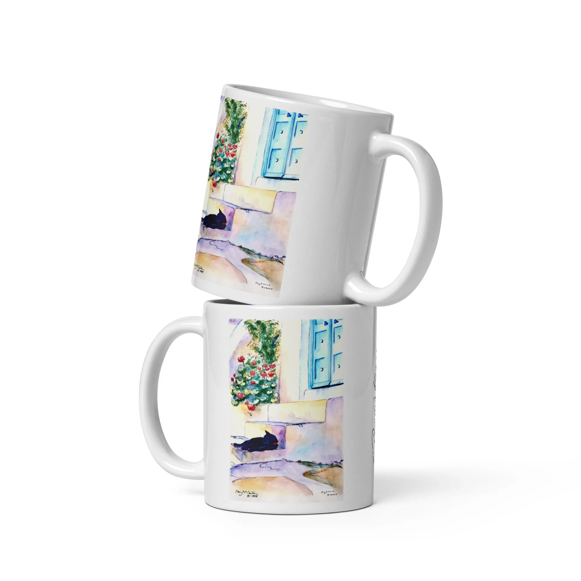 11 oz white ceramic mug with Greek Island Cat watercolor wrap by Beverly G. McCarter, serene black cat on sunlit Greek island steps.