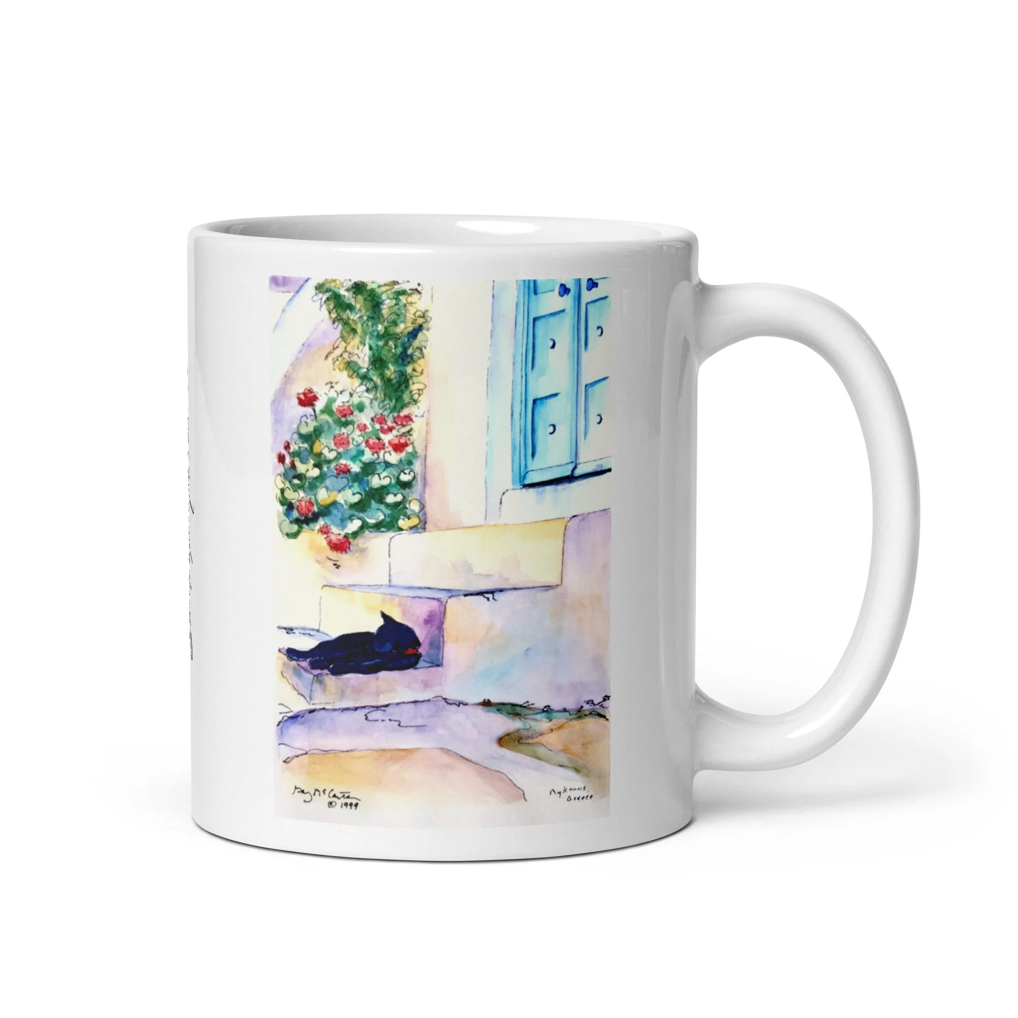 11 oz white ceramic mug with Greek Island Cat watercolor wrap by Beverly G. McCarter, serene black cat on sunlit Greek island steps.