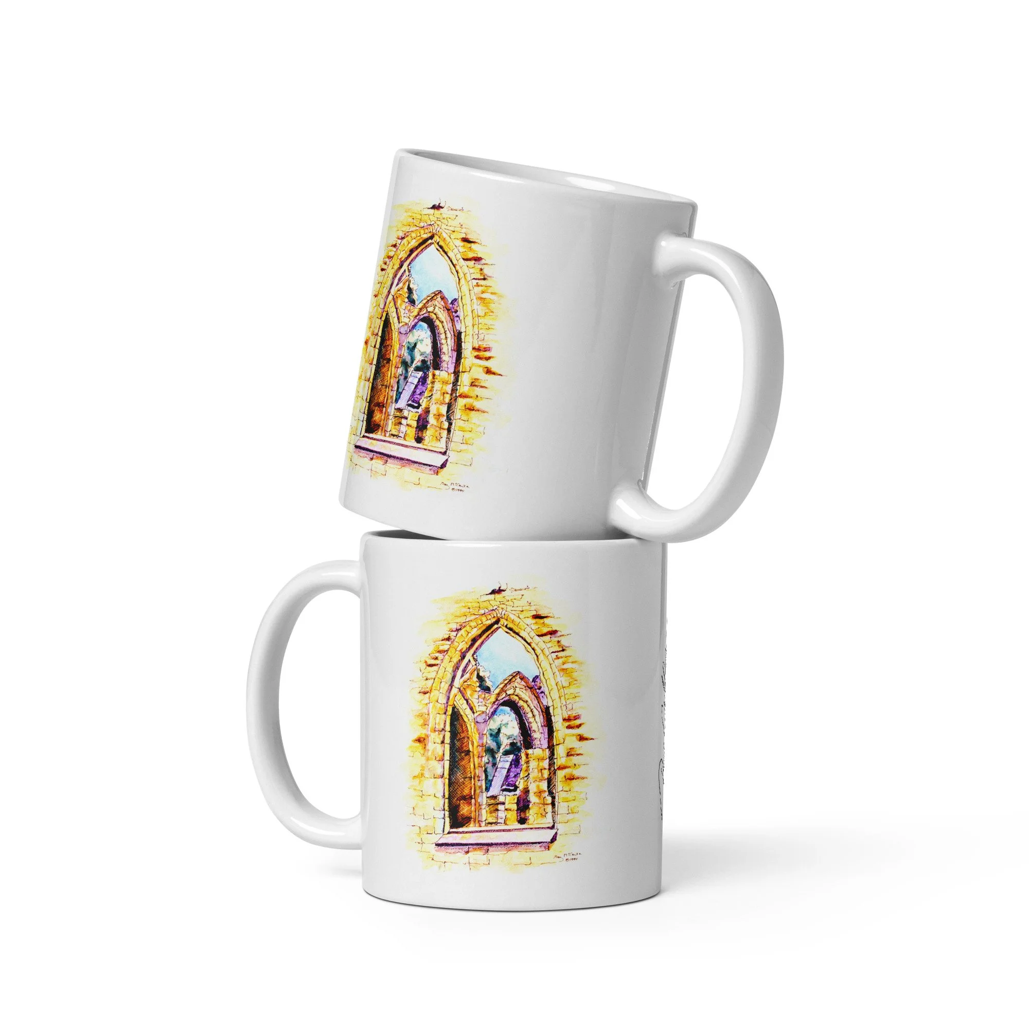 11 oz white ceramic mug with Tintern Abbey watercolor wrap by Beverly G. McCarter, sunlit arches and ivy on Welsh abbey ruins.