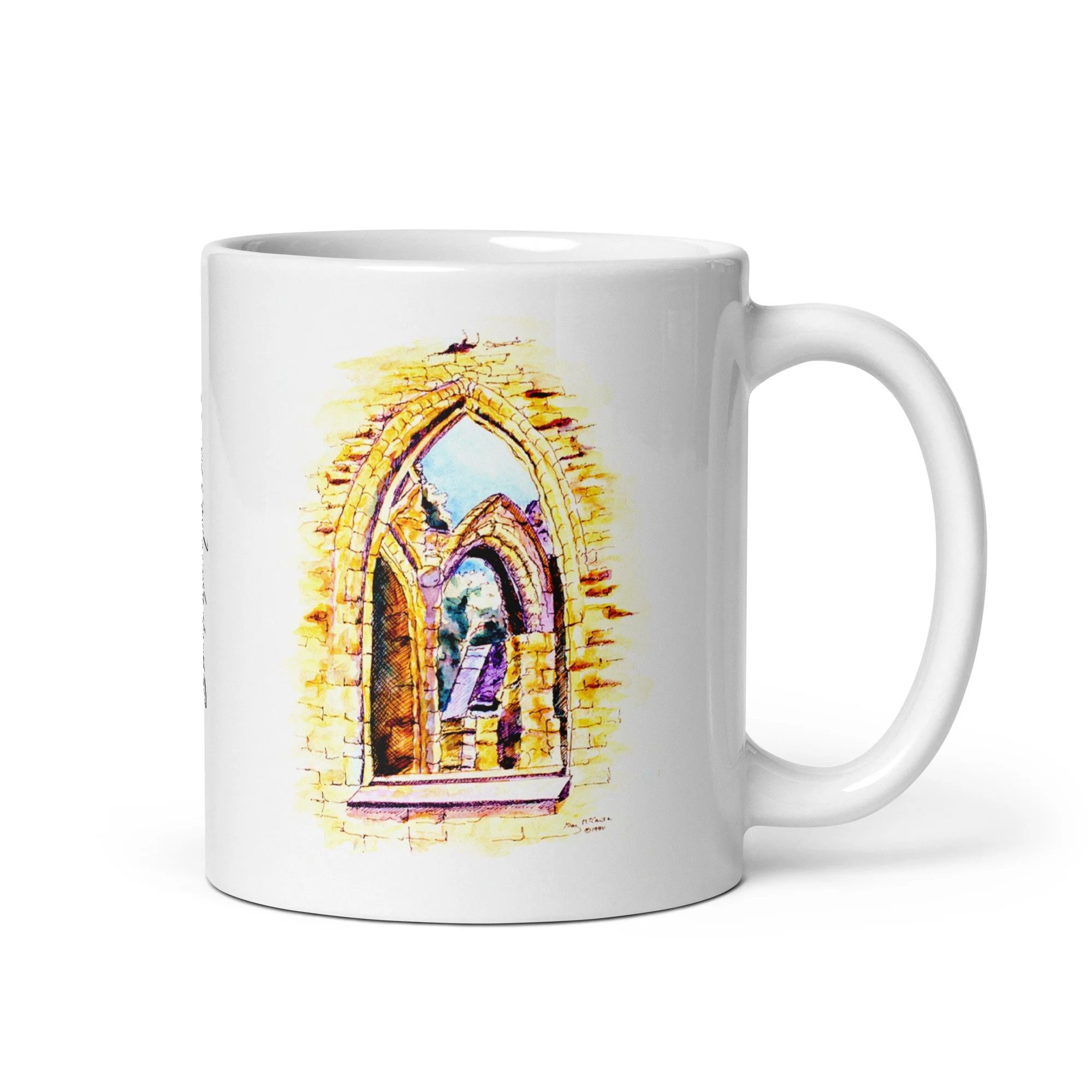 11 oz white ceramic mug with Tintern Abbey watercolor wrap by Beverly G. McCarter, sunlit arches and ivy on Welsh abbey ruins.