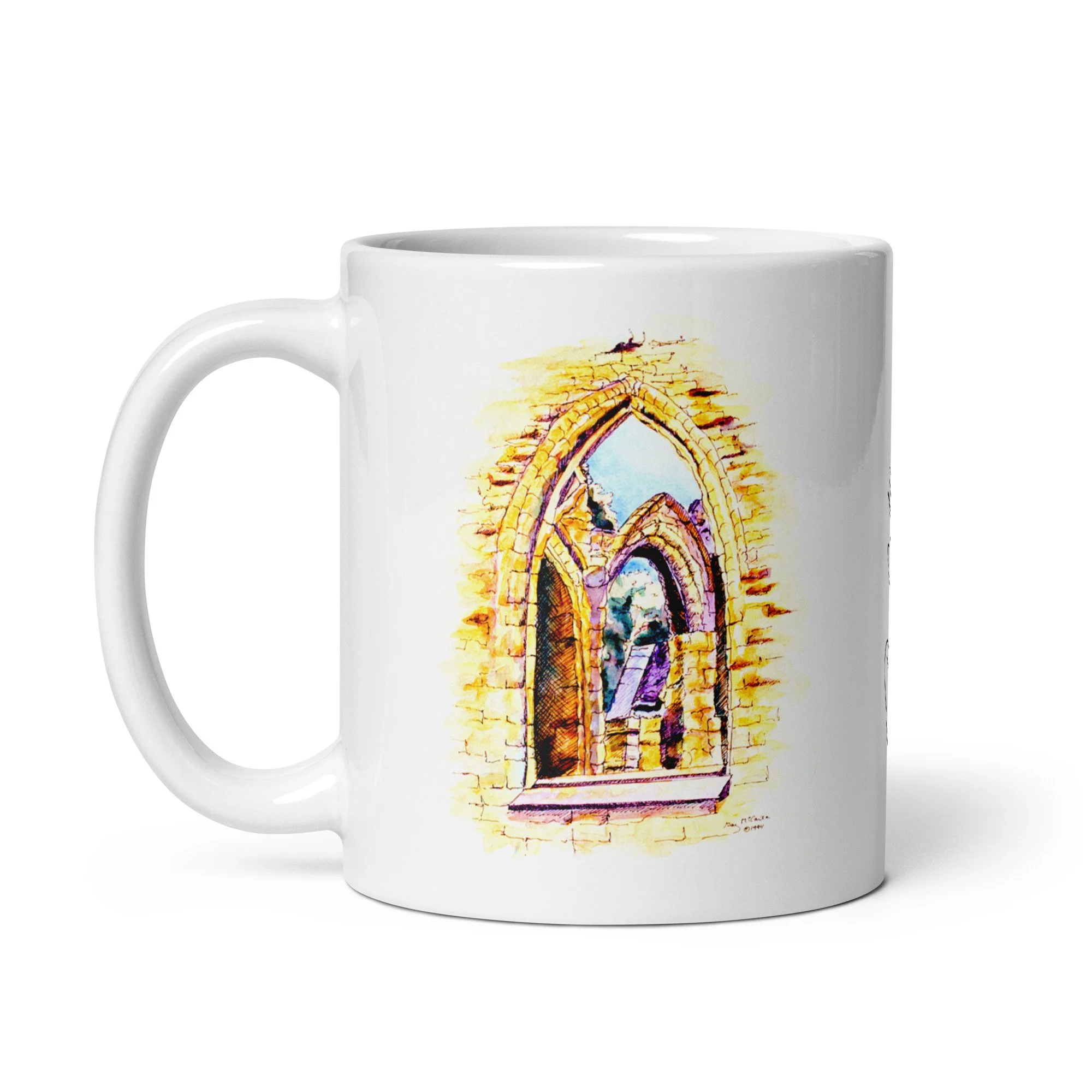 11 oz white ceramic mug with Tintern Abbey watercolor wrap by Beverly G. McCarter, sunlit arches and ivy on Welsh abbey ruins.