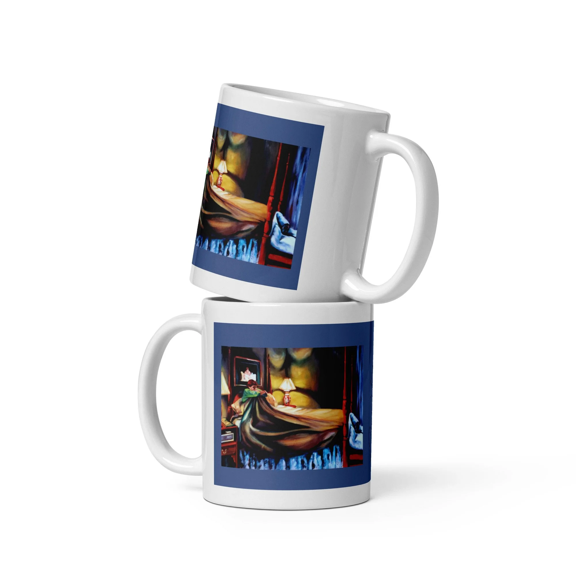 11 oz ceramic mug with Night Terrors oil wrap by Beverly G. McCarter, bed scene of subconscious fears on blue background.