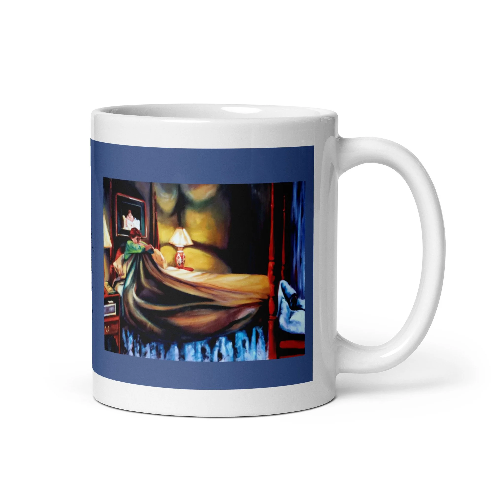 11 oz ceramic mug with Night Terrors oil wrap by Beverly G. McCarter, bed scene of subconscious fears on blue background.